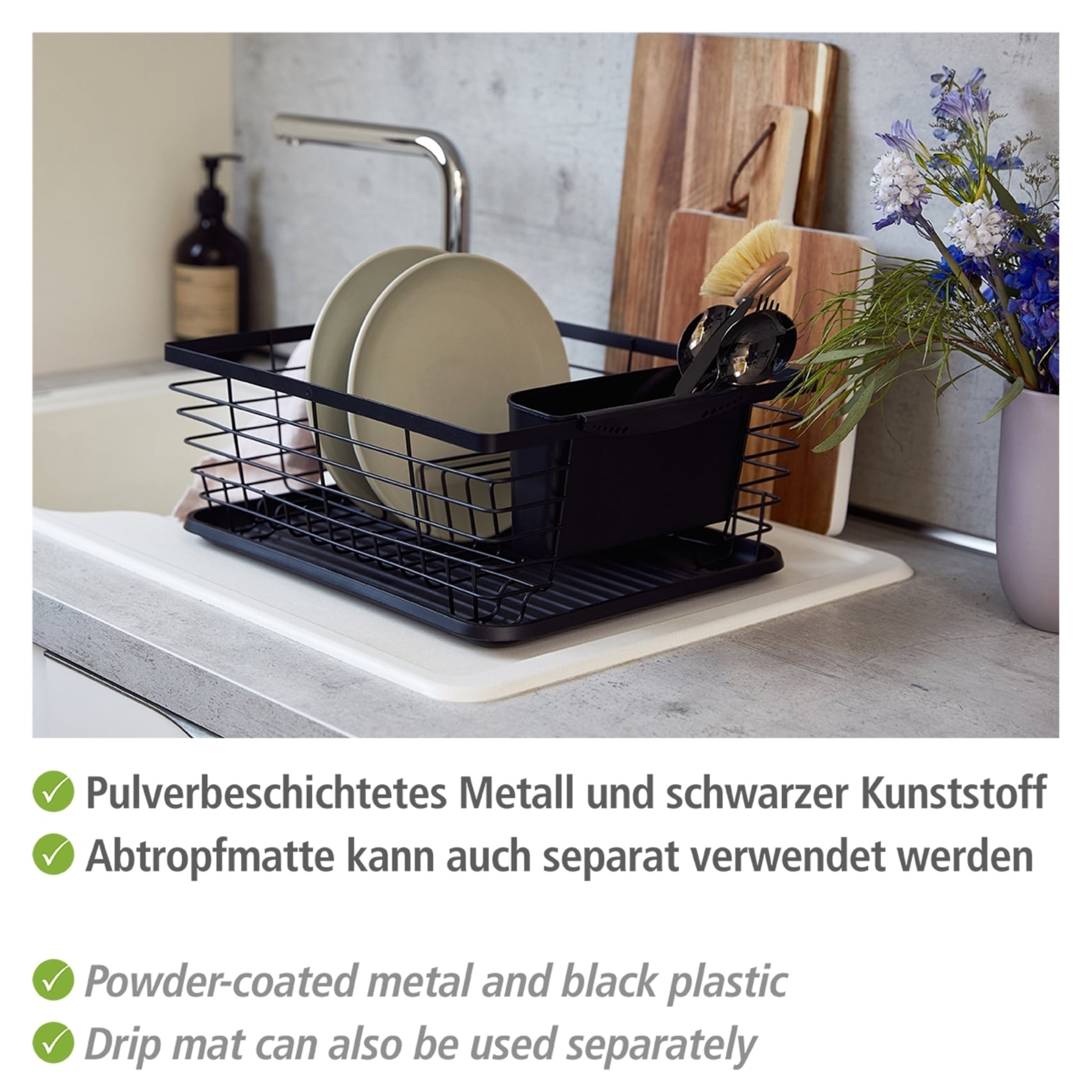 WENKO Trockenständer »Modell Drip«, (kein Set), Abtropfgestell für Geschirr, mit Abtropfschale und Besteckkorb