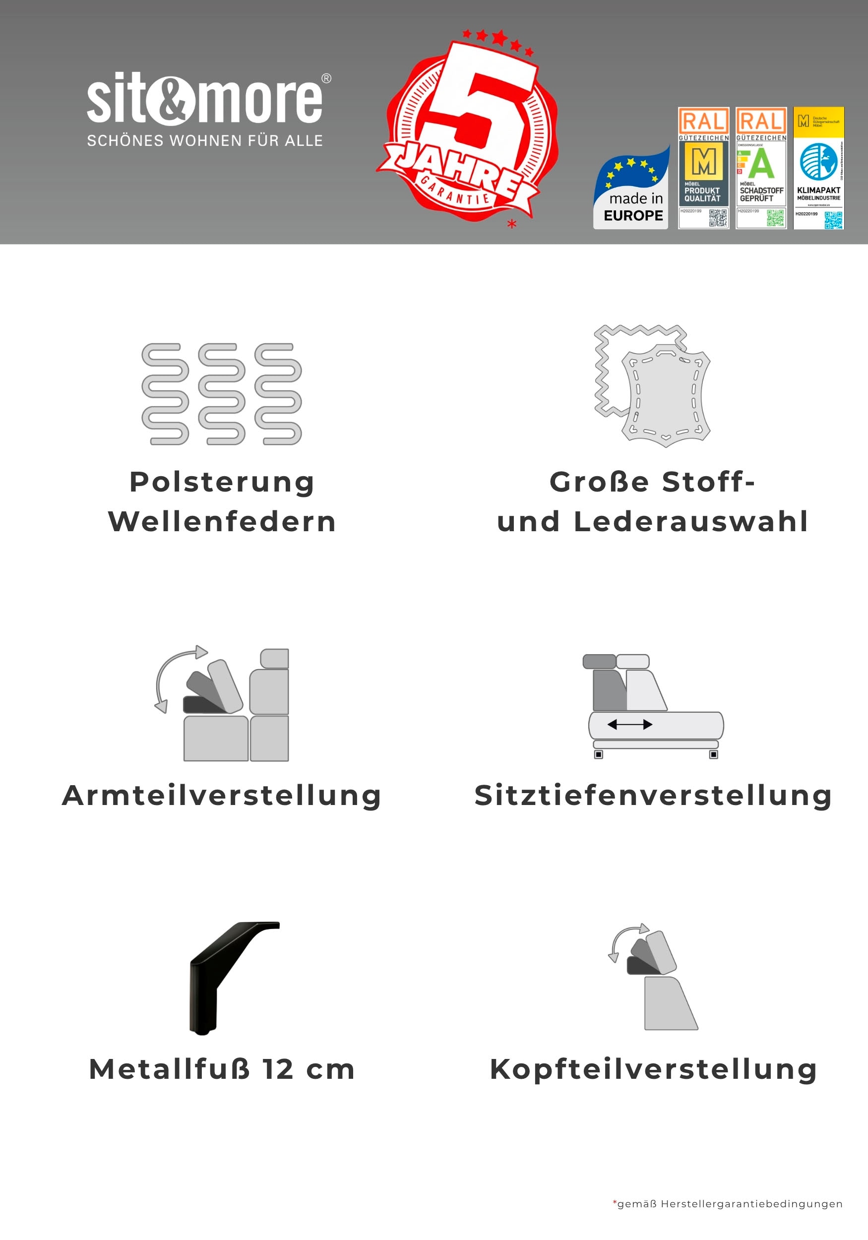 sit&more Ecksofa »Vanity L-Form, B: 264 cm, mit Sitz-, Kopf- und Armteilverstellung« Couch optional mit Schlaffunktion & Bettkasten