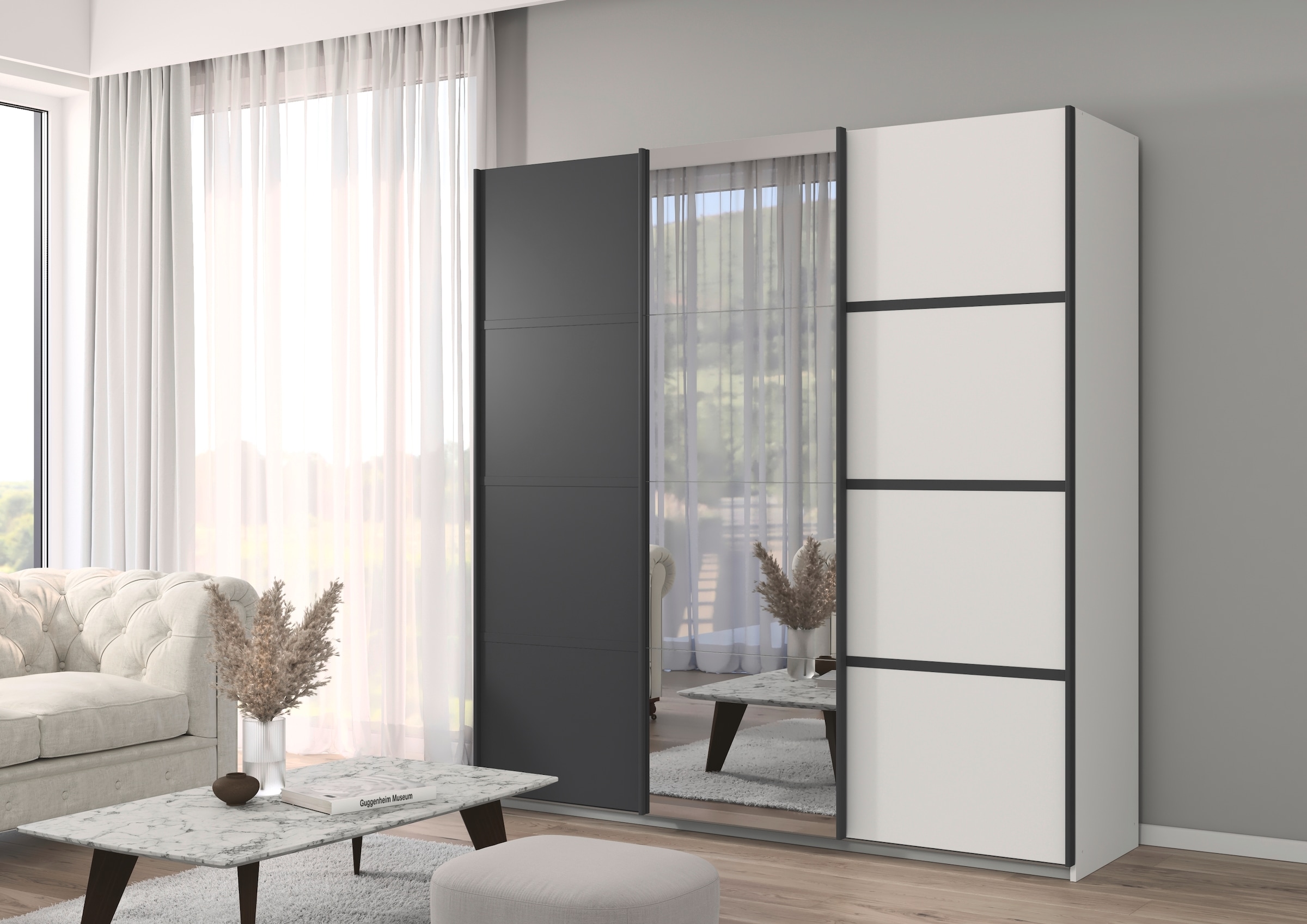 rauch Kleiderschrank »Schwebetürenschrank OTTO´s Choice Garderobe Schrank TOP ANGEBOT Avola« in 3 verschiedenen Ausstattungen BASIC/CLASSIC/PREMIUM inkl. Spiegel,  mit eleganten Zierleisten in Chrom, Schwarz oder Weiß MADE IN GERMANY