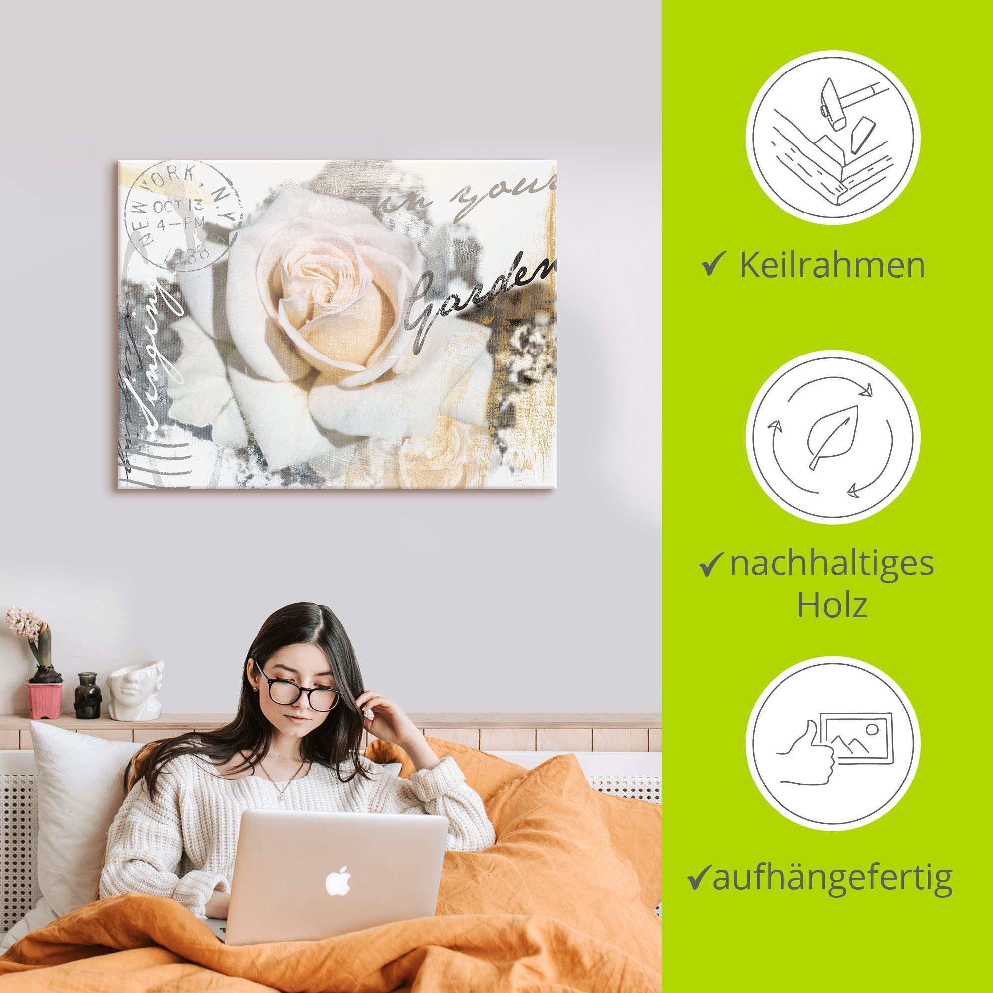 Artland Wandbild »In Buchstaben - Rose«, Blumen, (1 St.), als Leinwandbild, Poster, Wandaufkleber in verschied. Größen