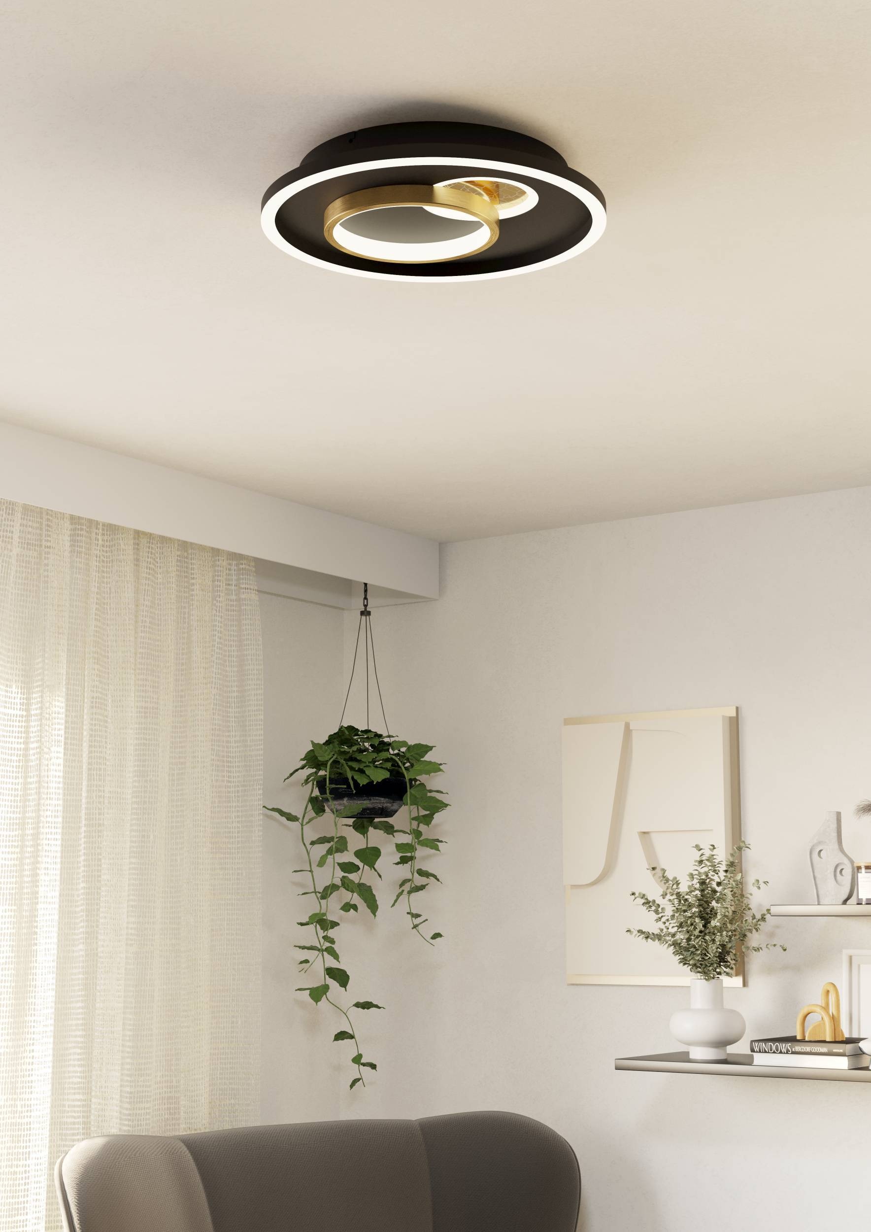 EGLO Deckenleuchte »Tiriolo LED Deckenlampe, geometrisch, Metall und Kunststoff, Flurlampe« LED-Modul 1 Stk. Warmweiß Wand-/Deckenleuchte - H6 x Ø38 cm - schwarz, gold - 14W;8,5W inkl.