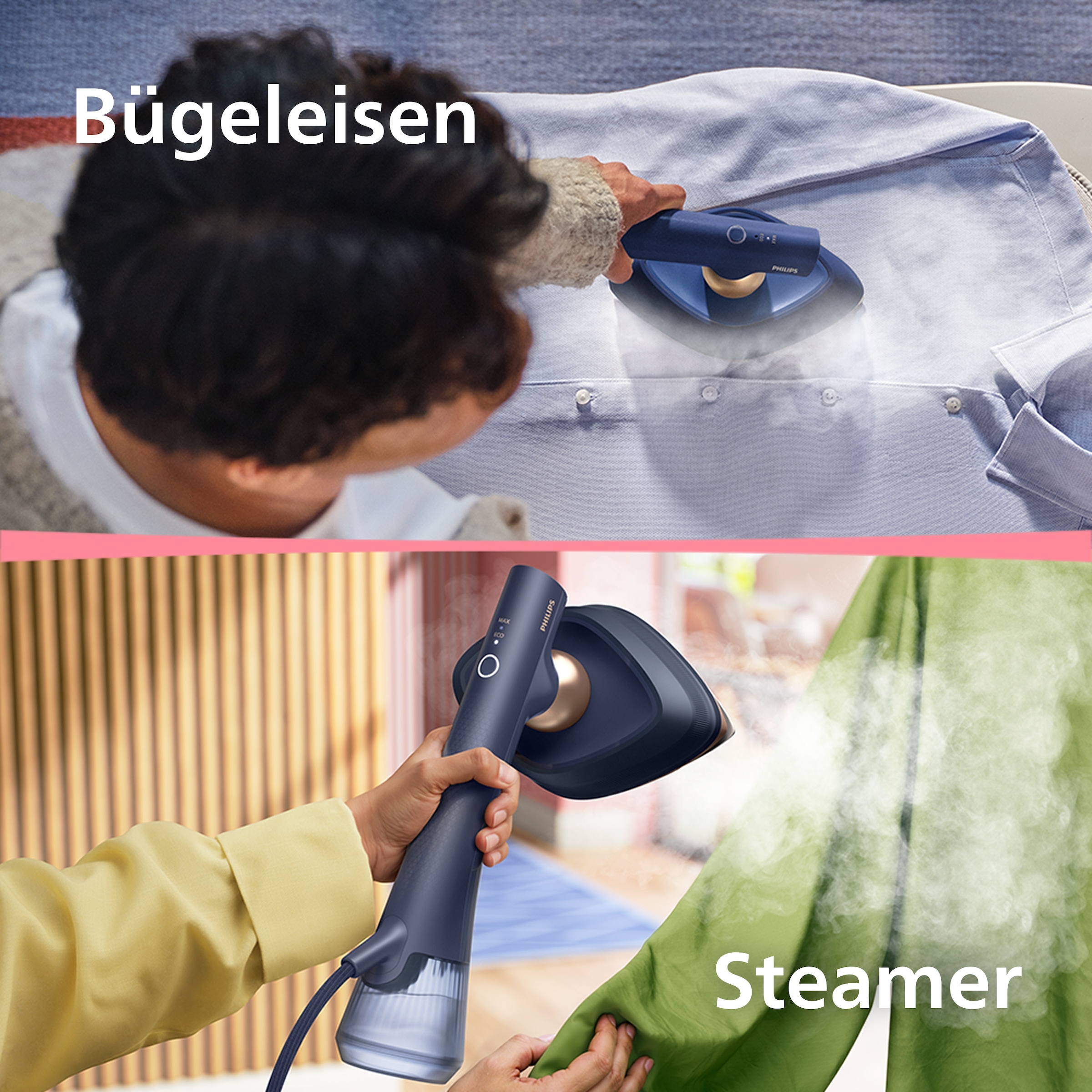 Philips Dampfbügeleisen »GC215/20 OneTurn 2-in-1 Bügeleisen & Steamer, SoftBoard & Dock inkl.« 1800 W 1800 W, SteamGlide Plus, 200ml+300ml Wasserbehälter u. 90 g Dampfstoß
