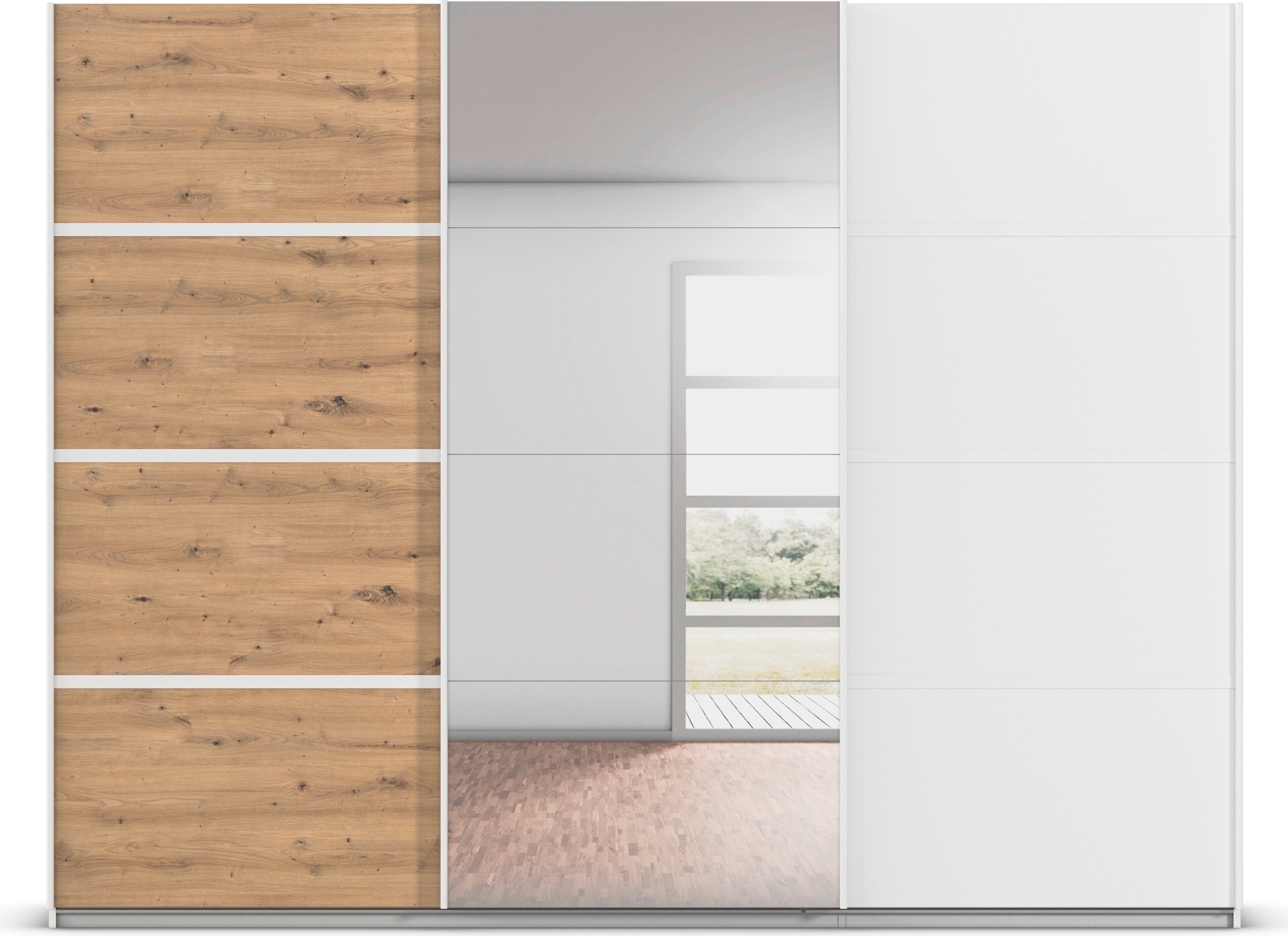 rauch Kleiderschrank »Schwebetürenschrank Garderobe Schrank TOP ANGEBOT Avola«, (in 3 verschiedenen Ausstattungen BASIC/CLASSIC/PREMIUM inkl. Spiegel), mit eleganten Zierleisten in Chrom, Schwarz oder Weiß MADE IN GERMANY