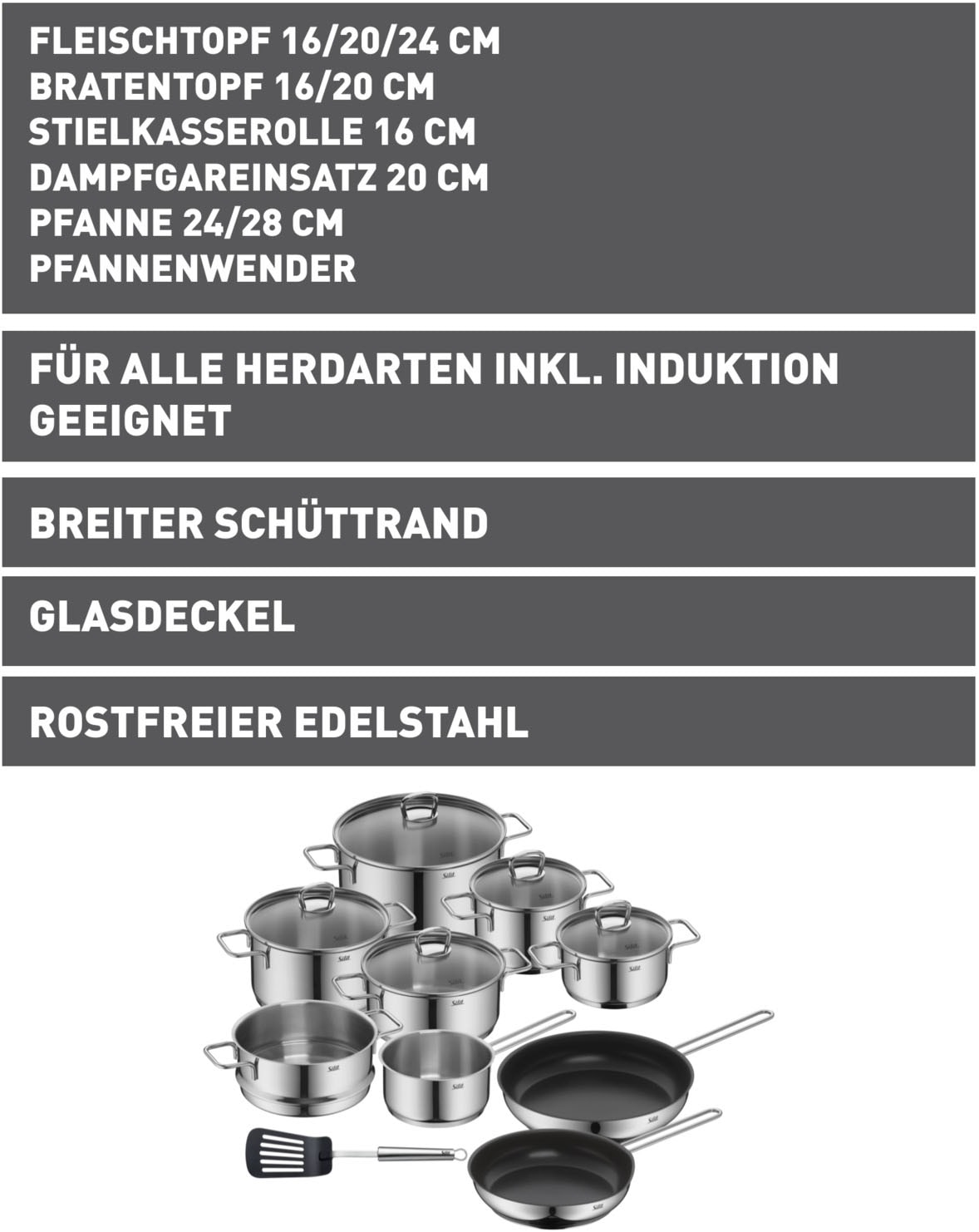 Silit Topf-Set »Alicante«, 10-teilig, Kochtopfset Induktion mit Glasdeckel, Cromargan® Edelstahl Rostfrei 18/10, für alle Herdarten geeignet
