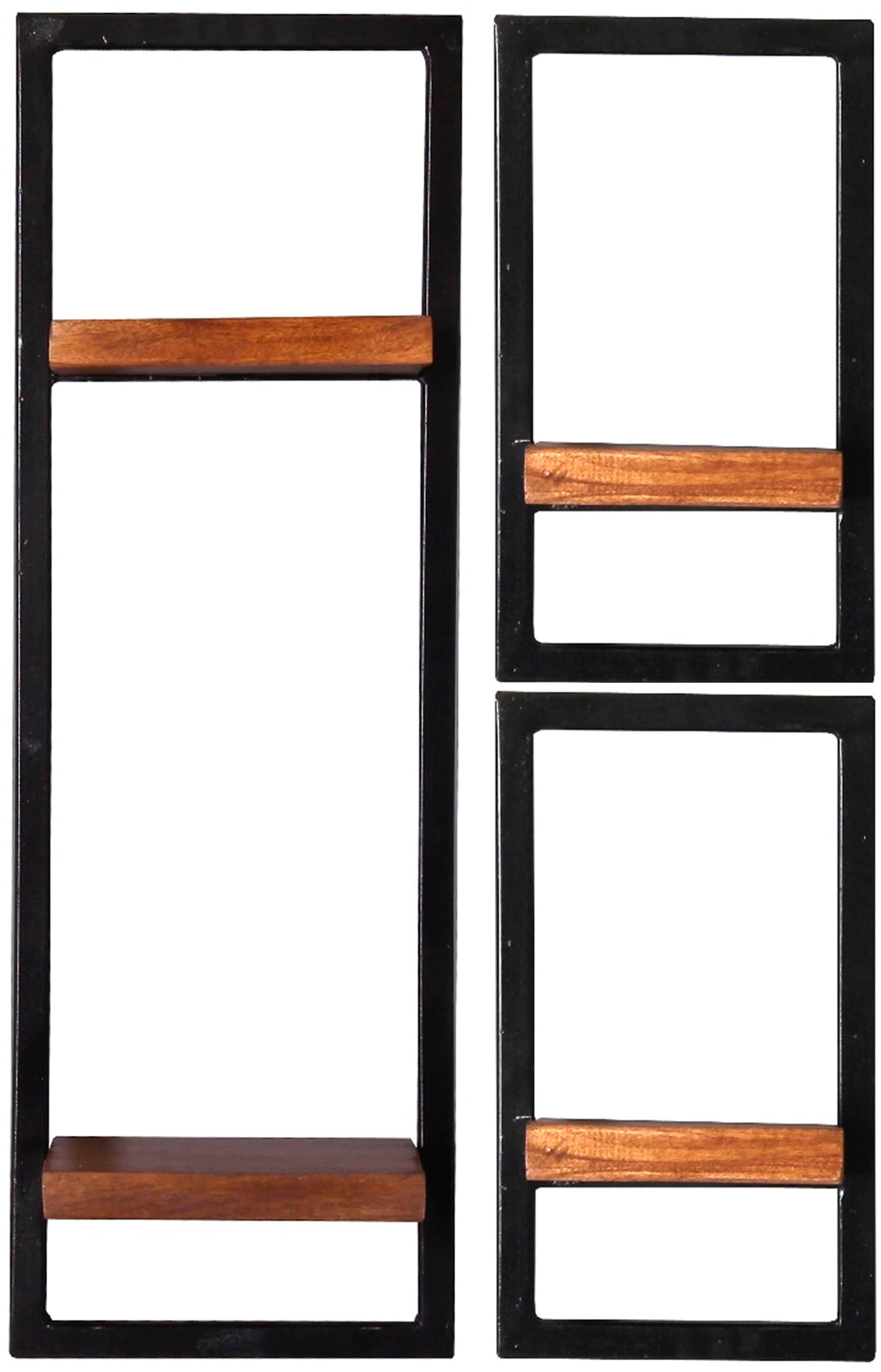 SIT, Wandregal »Abomey Wandregal-Set 3-teilig aus Mangoholz mit Altmetall« Set, 2 niedrige & 1 hohes Wandregal für flexible Wandgestaltung, schwarz/