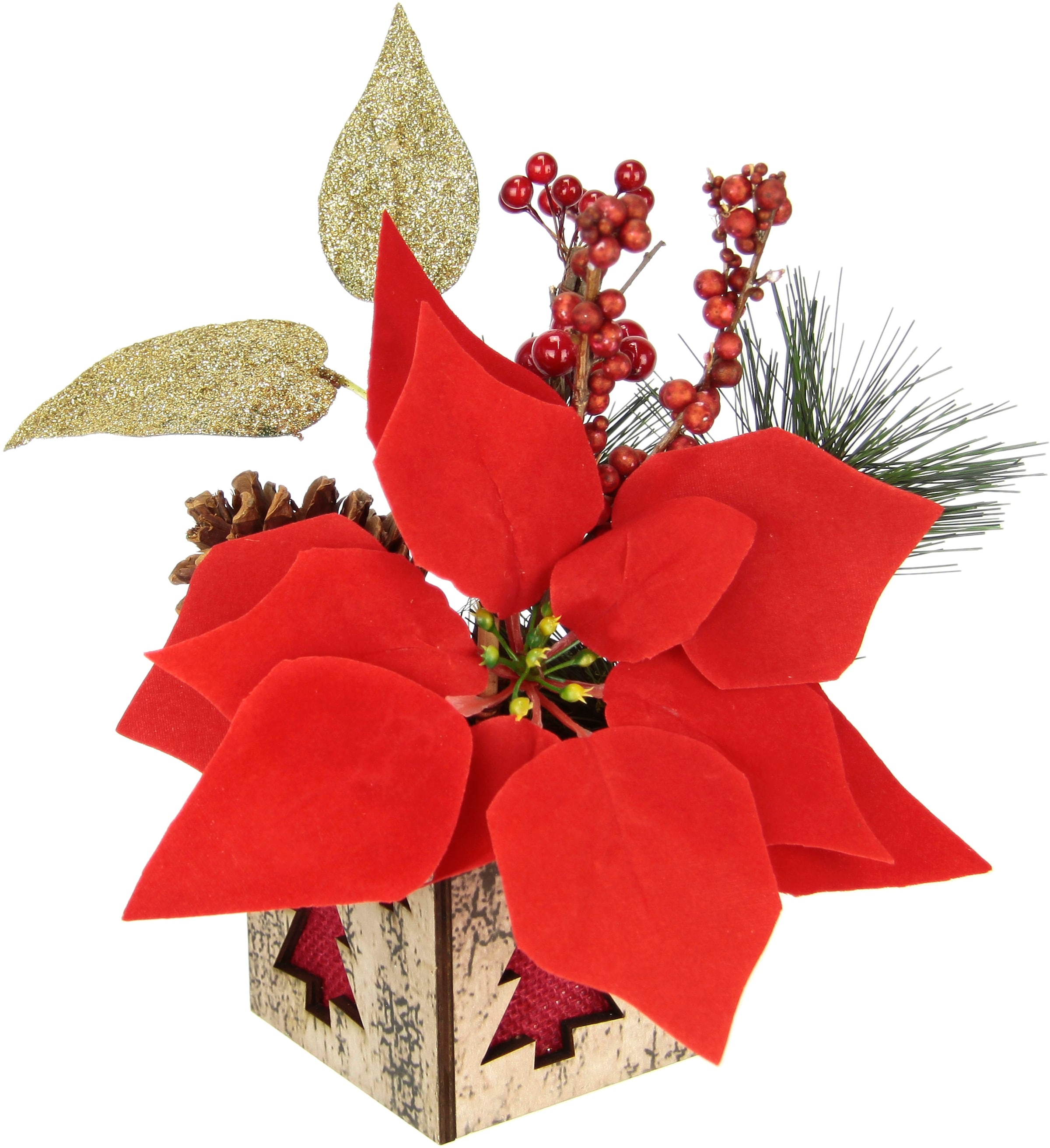 I.GE.A. Winterliche Kunstpflanze »Gesteck mit Poinsettia im Topf, Weihnachtsstern, Weihnachtsdeko,«, Kunstblumen-Gesteck mit Beeren, Zapfen und Tannenzweigen