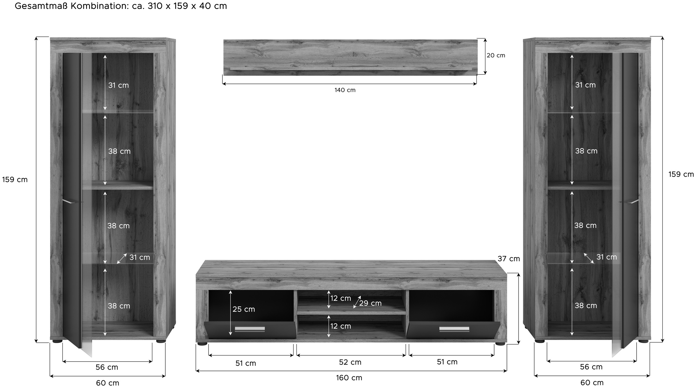 INOSIGN Wohnwand »Aosta, Breite 310cm, best. aus: 2x Vitrine, Lowboard, Wandboard«, Wohnwand, Kombination, Anbauwand, Möbel Set, Schrankwand, Möbel Kombi