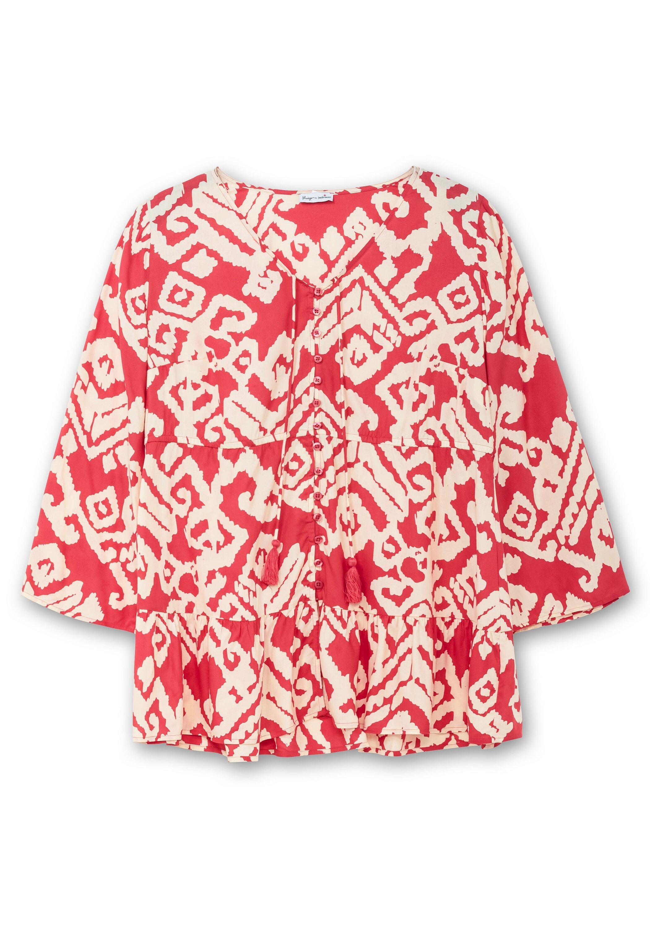 Sheego Longbluse »Ausgestellte Bluse mit Grafikprint und Volant am Saum«