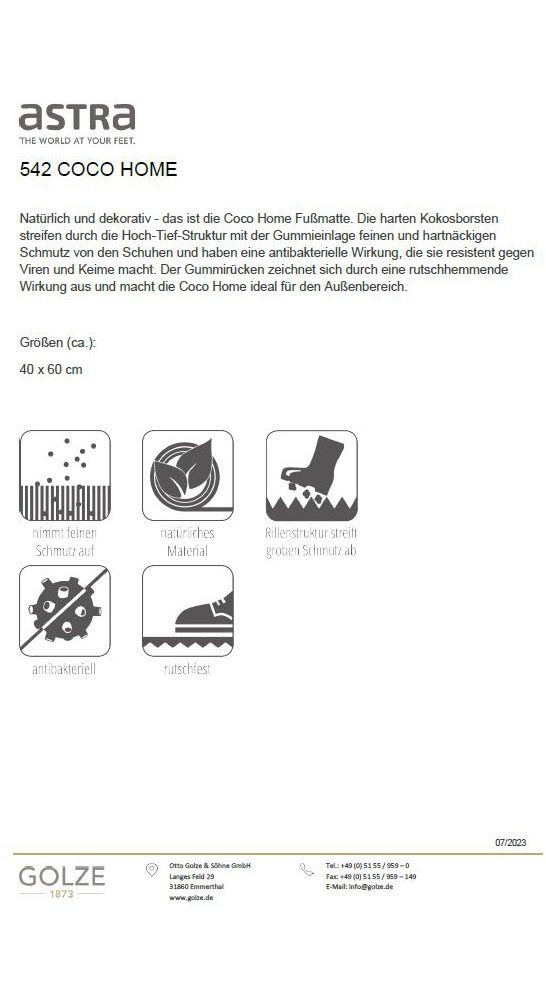 ASTRA Fußmatte »Coco Home 3«, rechteckig, 16 mm Höhe, Kokos, Türmatte, Hoch Tief Struktur, wetterfest, rutschfest
