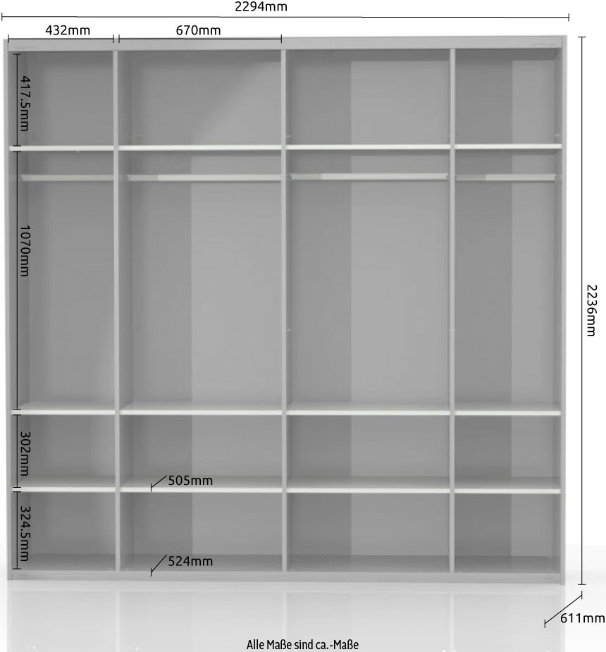 Places of Style Schwebetürenschrank »Piano, mit Einlegeböden und Kleiderstangen, Türen soft-close-Funktion«, (in 3 Breiten, 224cm hoch), mit Spiegeltür, FSC-zertifizierter Holzwerkstoff