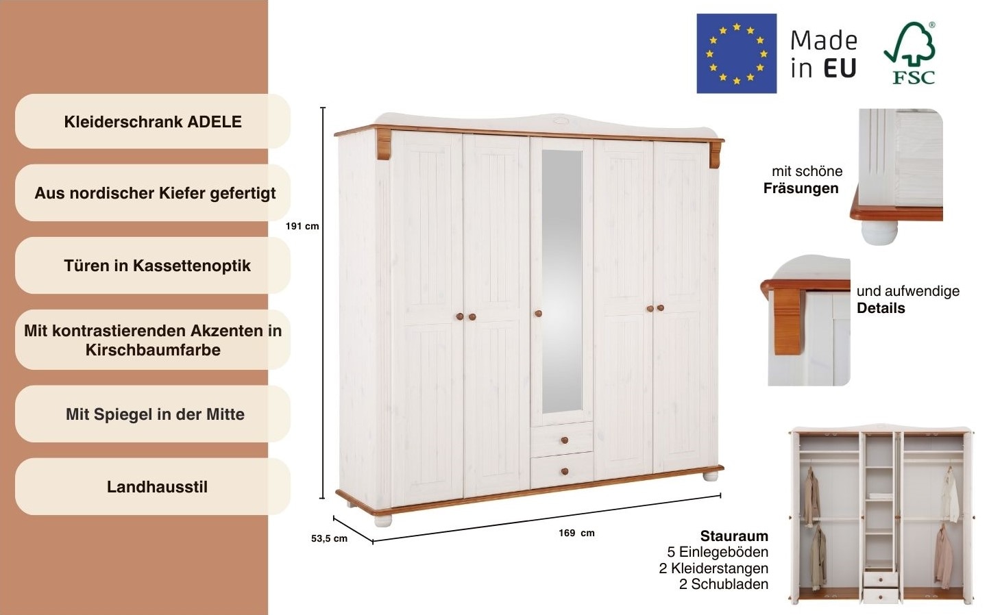 OTTO home Kleiderschrank »Adele« Massive Kiefer,Spiegel; Landhausstil