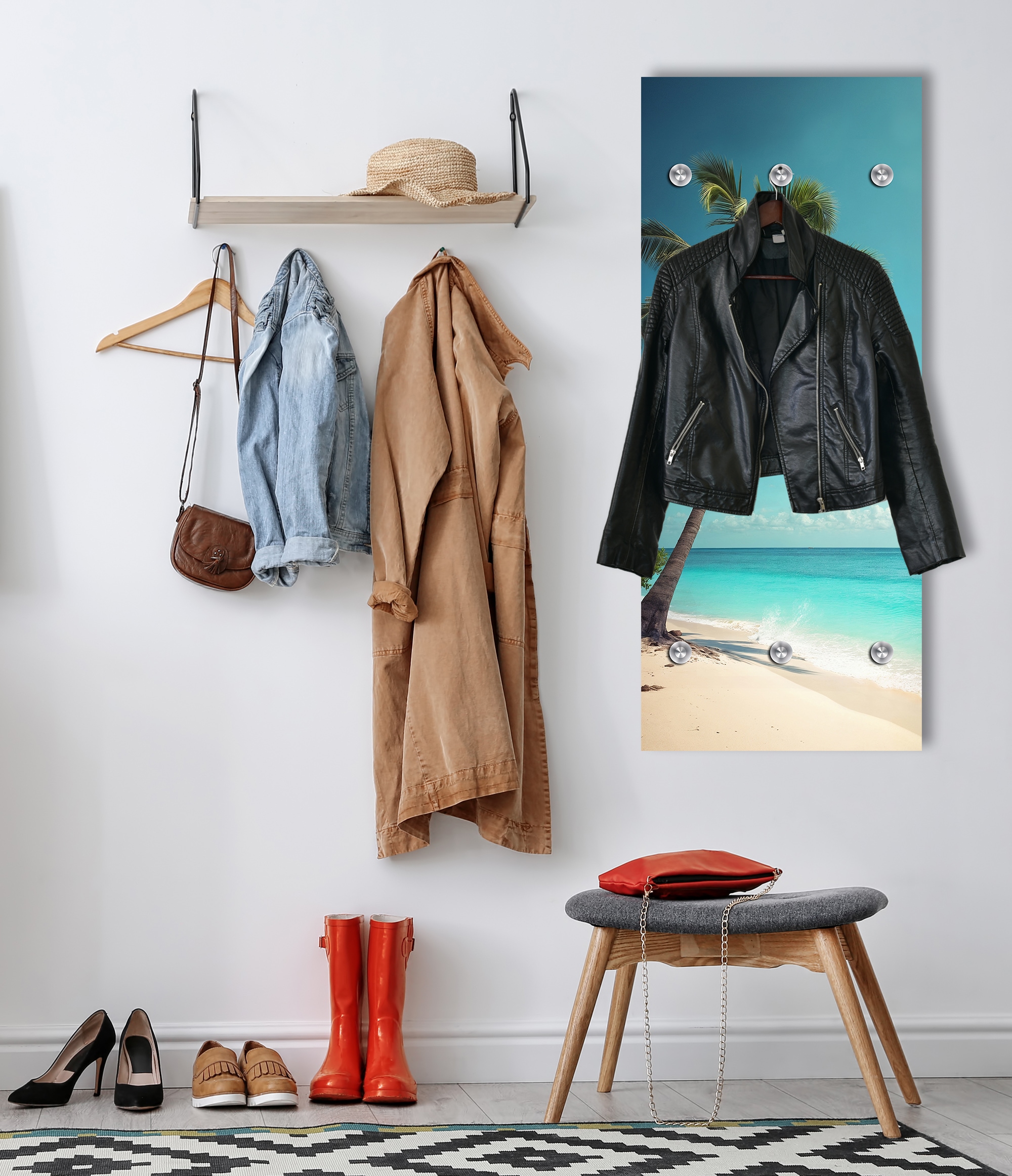 queence Garderobenpaneel »Wandgarderobe  mit Motiv Foto Palme am Meer inkl. Edelstahlhaken« 1 Stk. tlg. HD Premium Druck auf Acrylglas