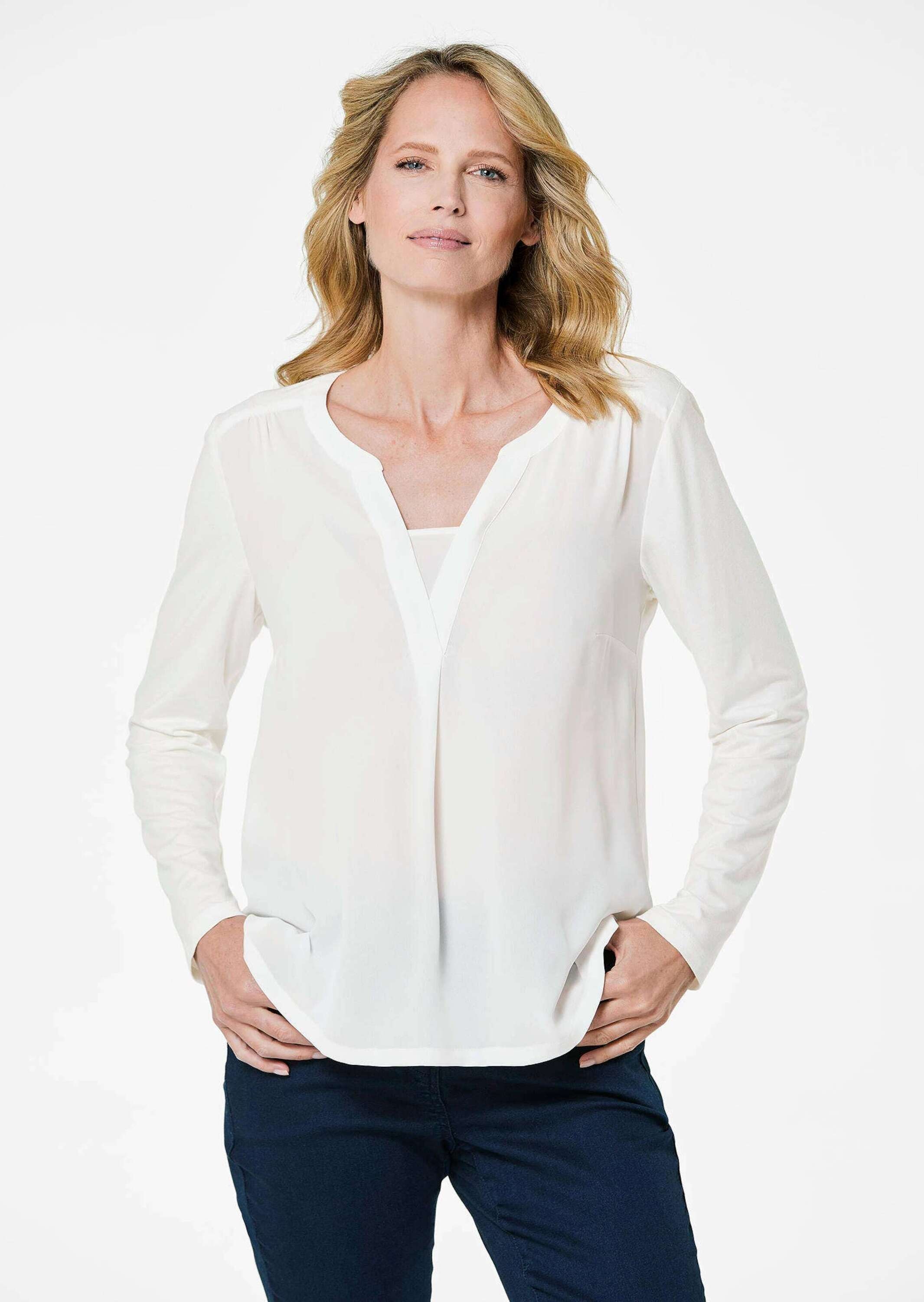 GOLDNER Kurzarmbluse »Elegantes Chiffonshirt mit Jersey-Details« Schlitz