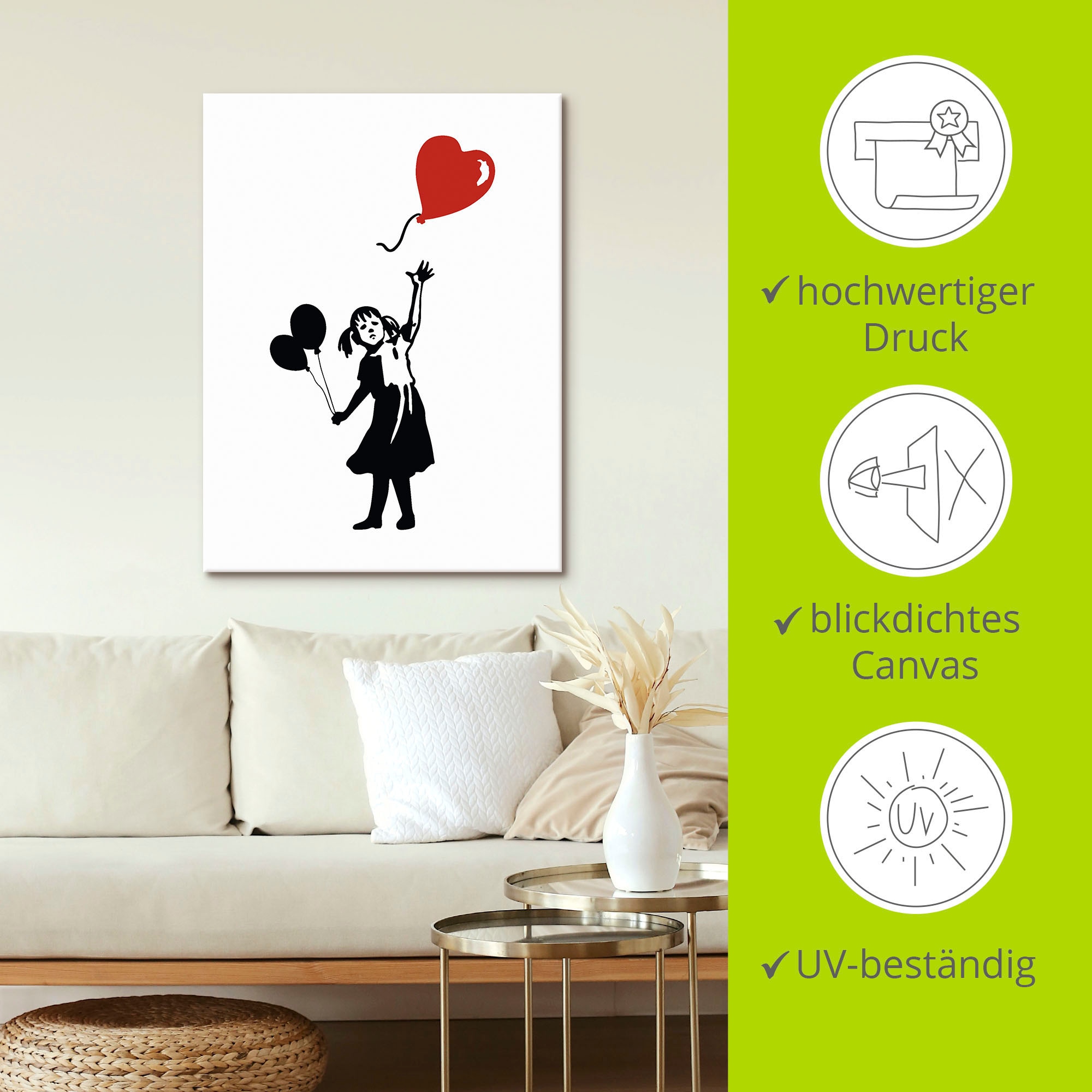 Artland Leinwandbild »Silhouette Mädchen Ballon Herz«, Bilder von Kindern, (1 St.), auf Keilrahmen gespannt