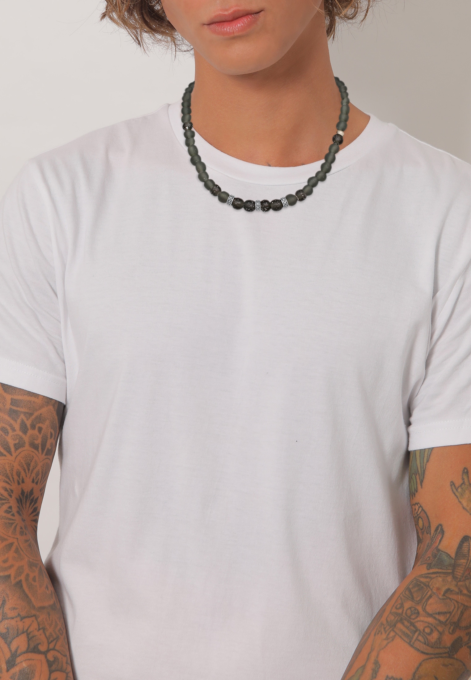 Kuzzoi Silberkette »Halskette Recycelte Glas Olive Perlen Beads 925 Silber«