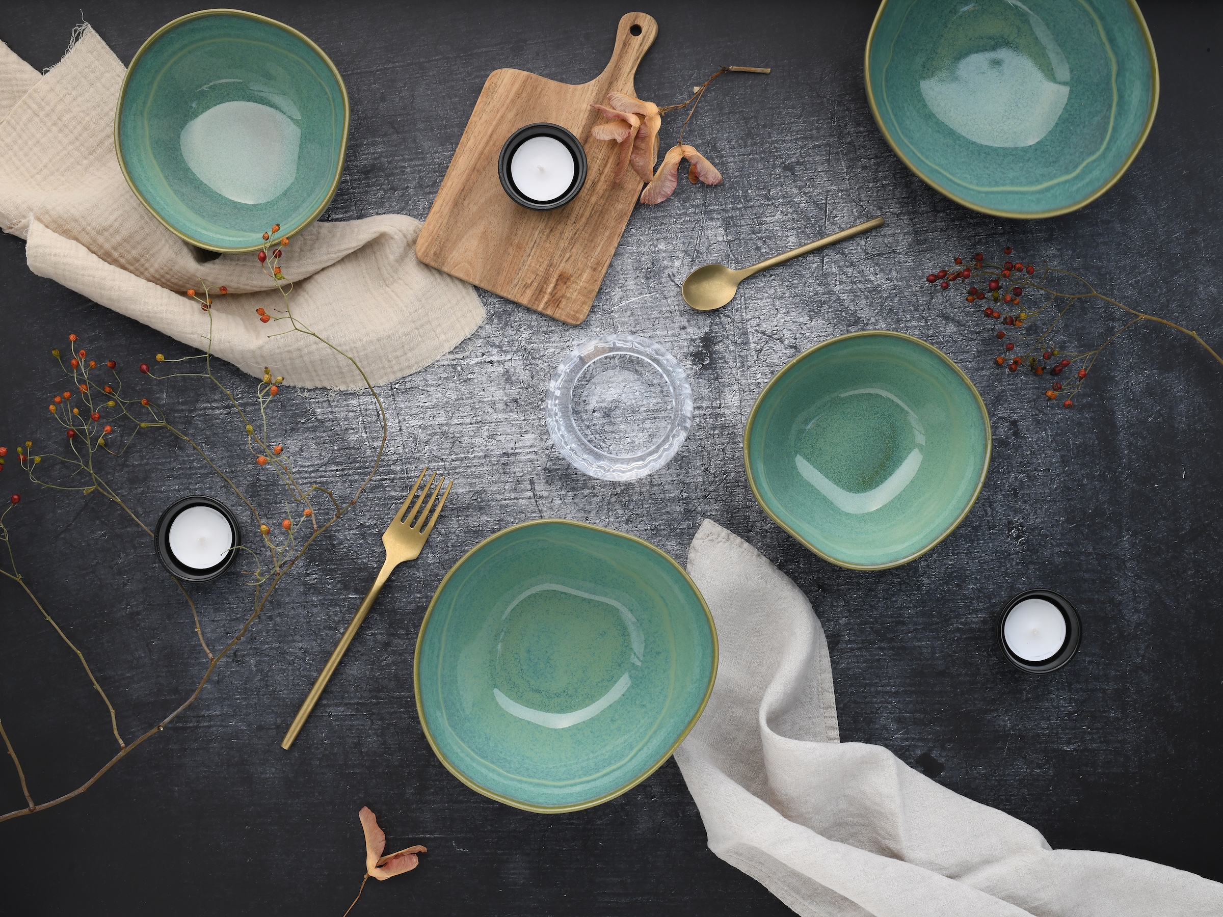 CreaTable Schale »Basalt Bio, Bowl Set 4-tlg« 4 Stk. aus Steinzeug Organische Form, Jedes Teil ein Unikat