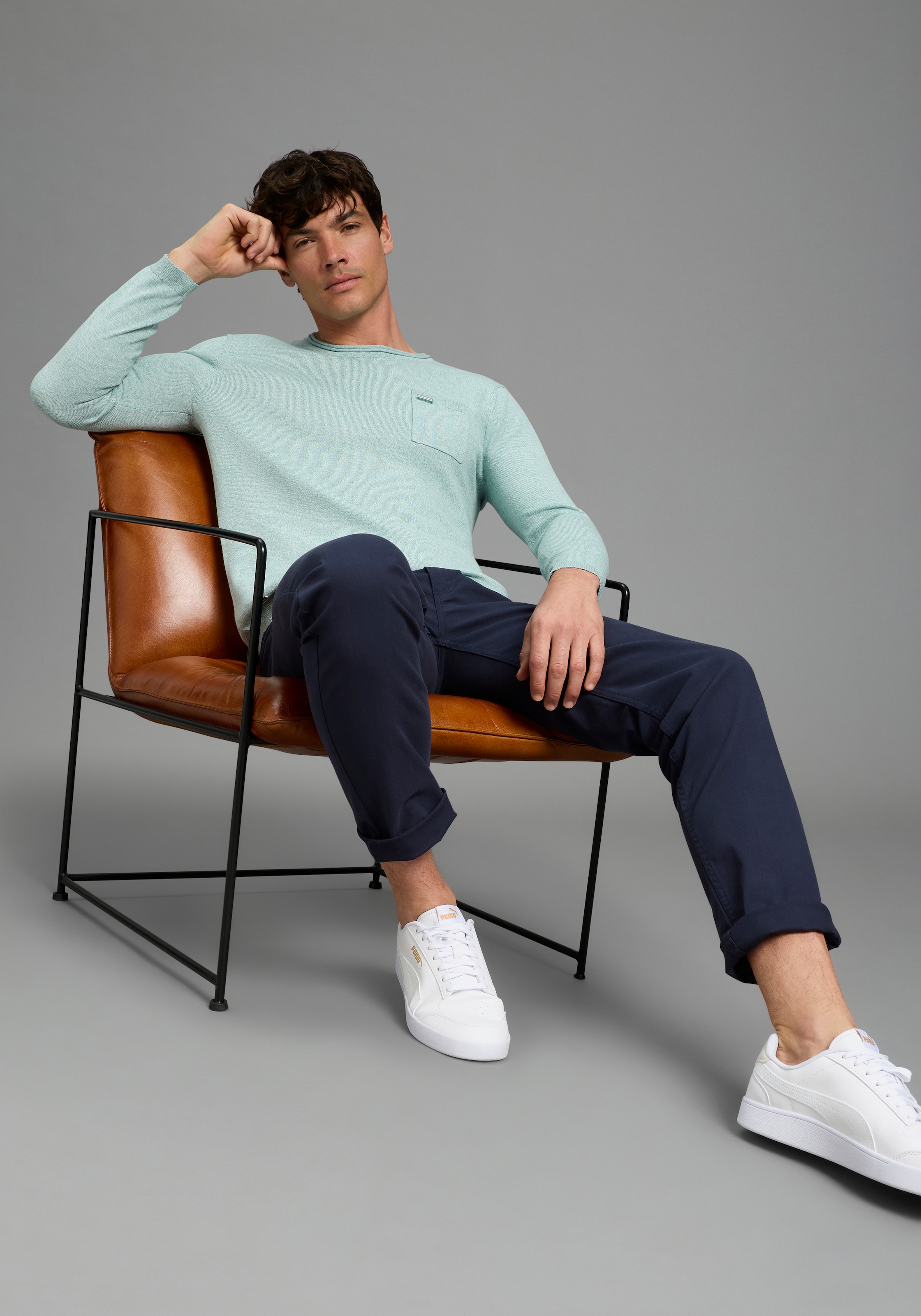 Bruno Banani Rundhalspullover aus Baumwolle, mit Rundhalsausschnitt, Langarm, melierte Optik