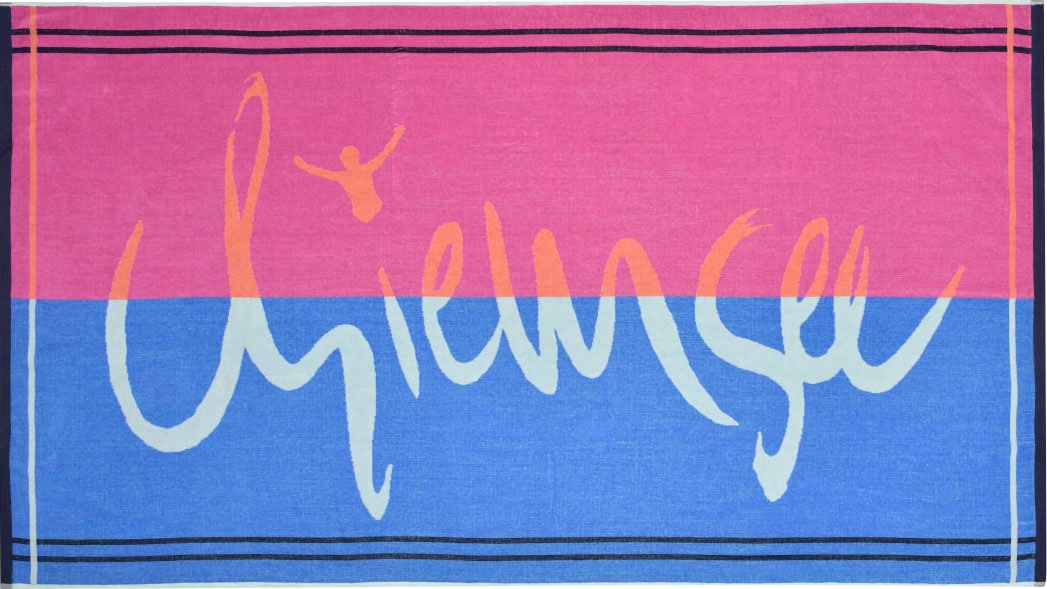 Schriftzug pastelfarbigen Strandtuch und Chiemsee »St. blaue (1 Farbkomi Lucia«, St.), bei Chiemsee einem lila mit