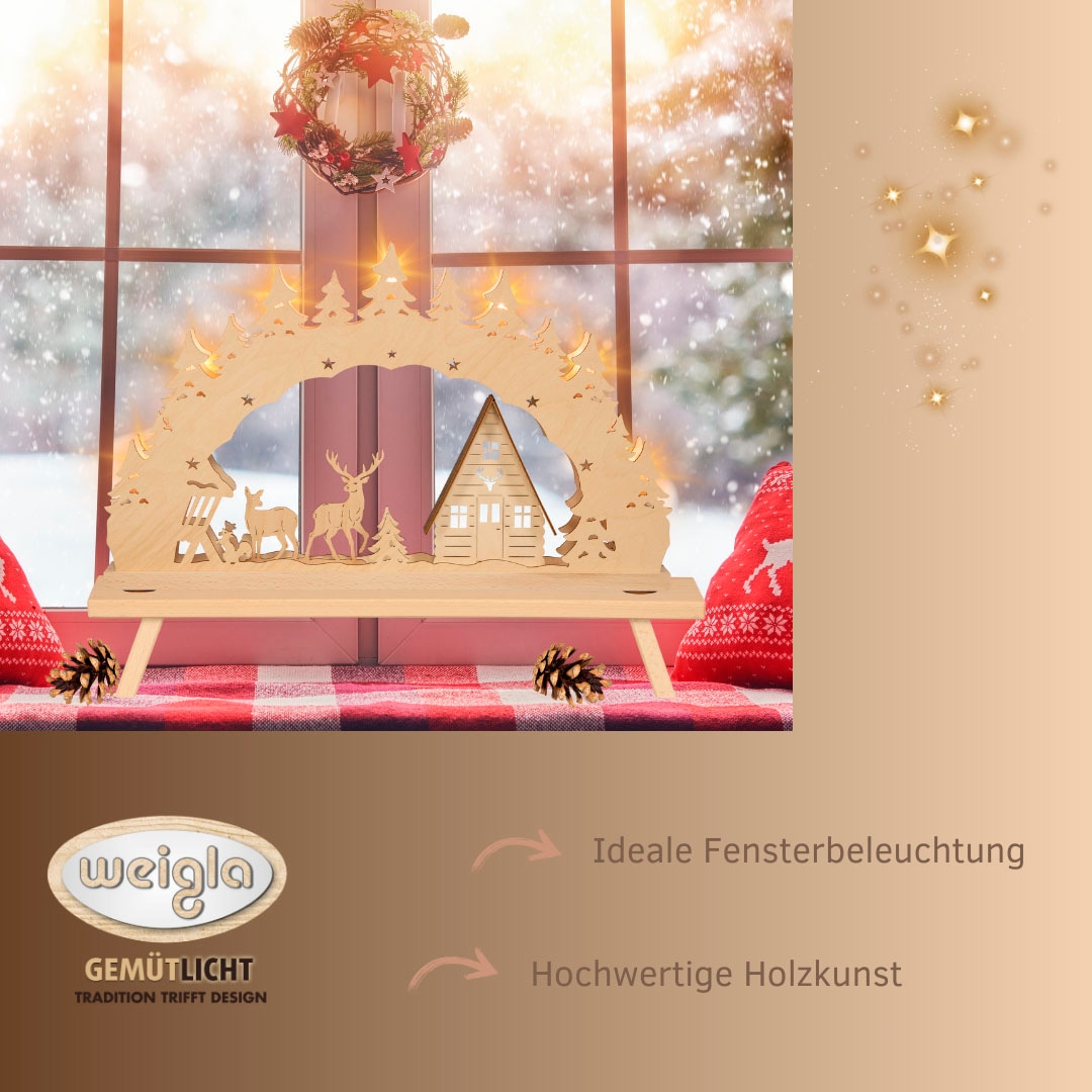 Weigla Schwibbogen »Waldhaus, Lichterbogen aus Holz, NATUR-BRAUN, Made in Germany« 1 Stk. Erzgebirge garantiert, Weihnachtsdeko Innen, Weihnachtsbeleuchtung