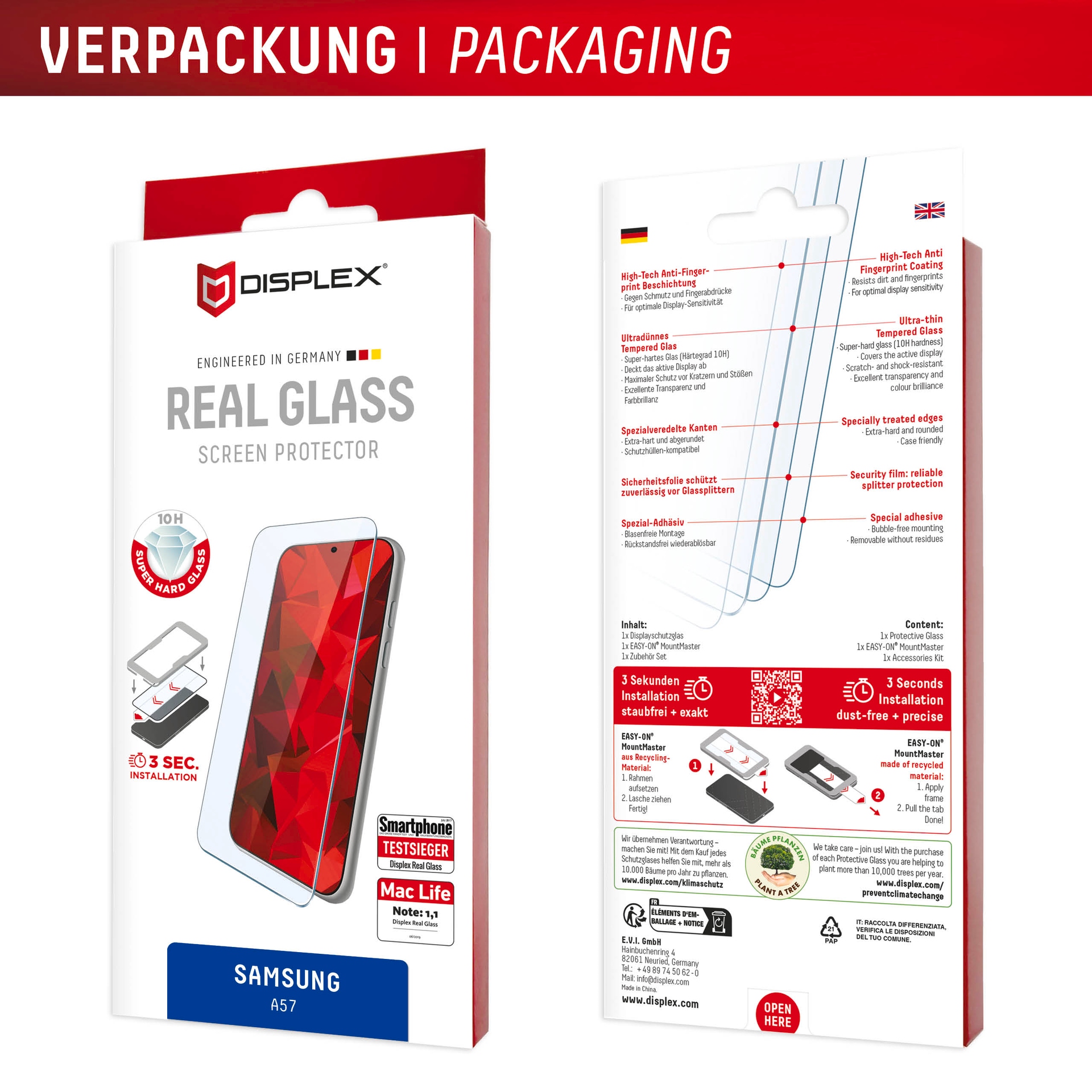 Displex Displayschutzglas »Real Glass Screen Protector mit EASY-ON MountMaster« für Samsung Galaxy A57 Displayschutzfolie, Schutzfolie, Bildschirmschutz, kratz- & stoßfest