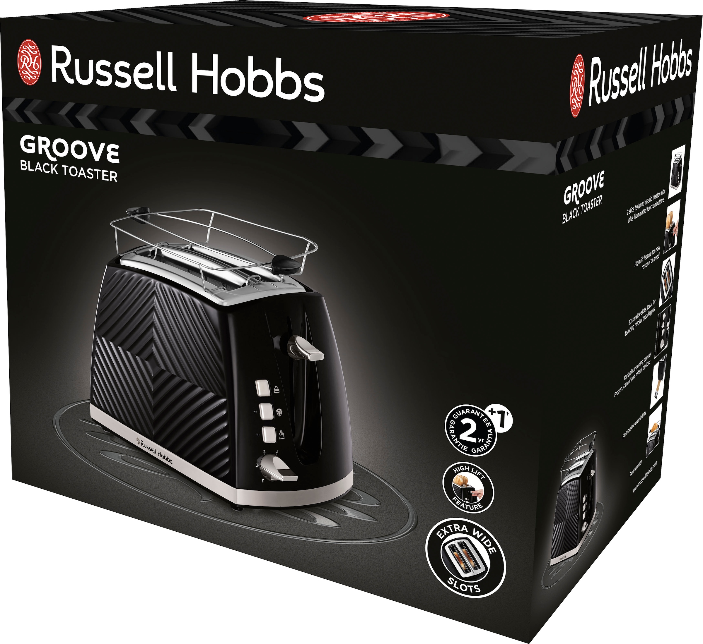 RUSSELL HOBBS Toaster »Groove 26390-56, schwarz, 850 Watt - Brötchenaufsatz & Krümelschublade«, 2 Schlitze, 850 W