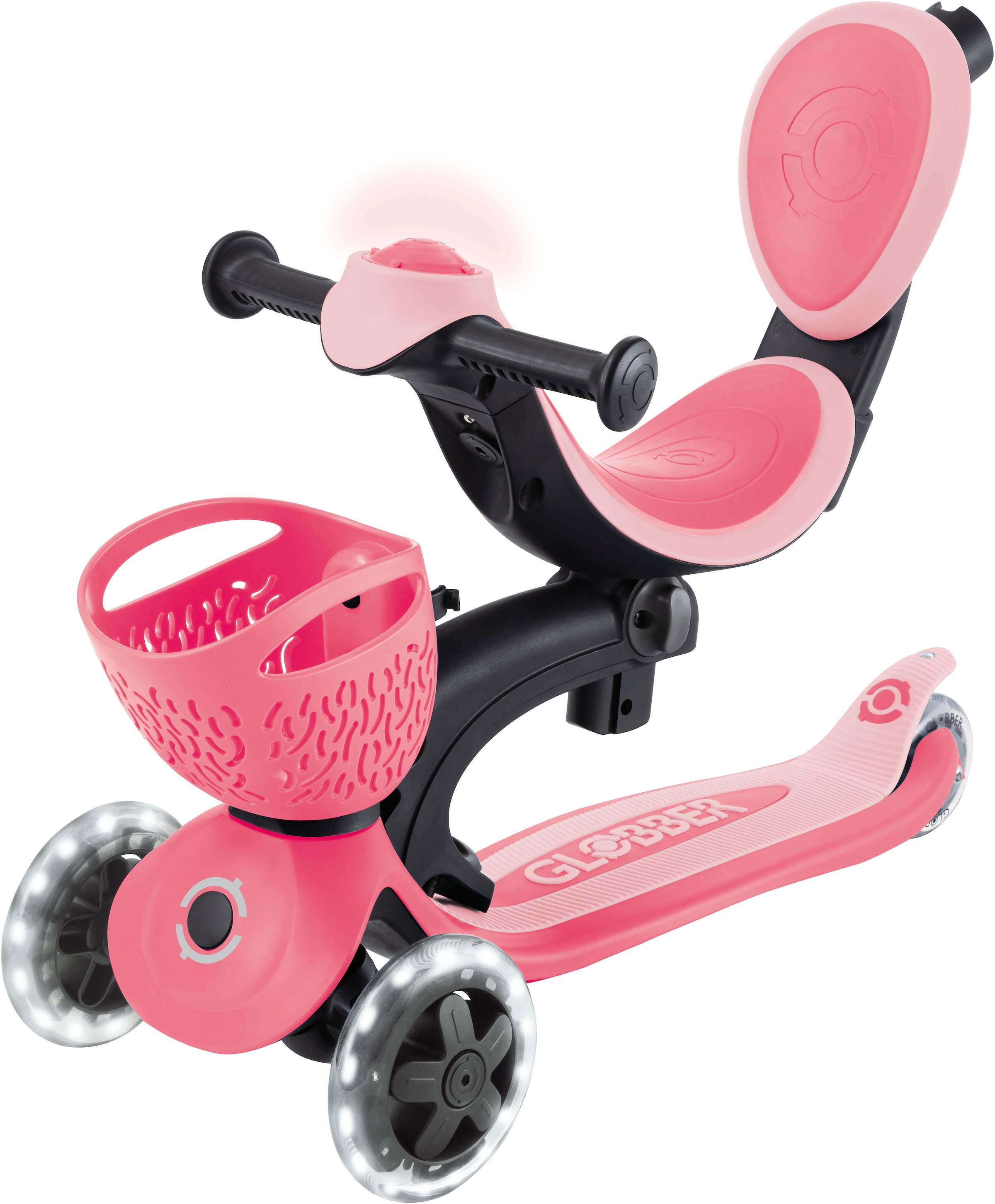 Globber Tretroller »GO-UP BABY 360 LIGHTS, mit Leuchtrollen und Leuchtmodul« Aufsitzrad, Laufrad und Scooter in Einem