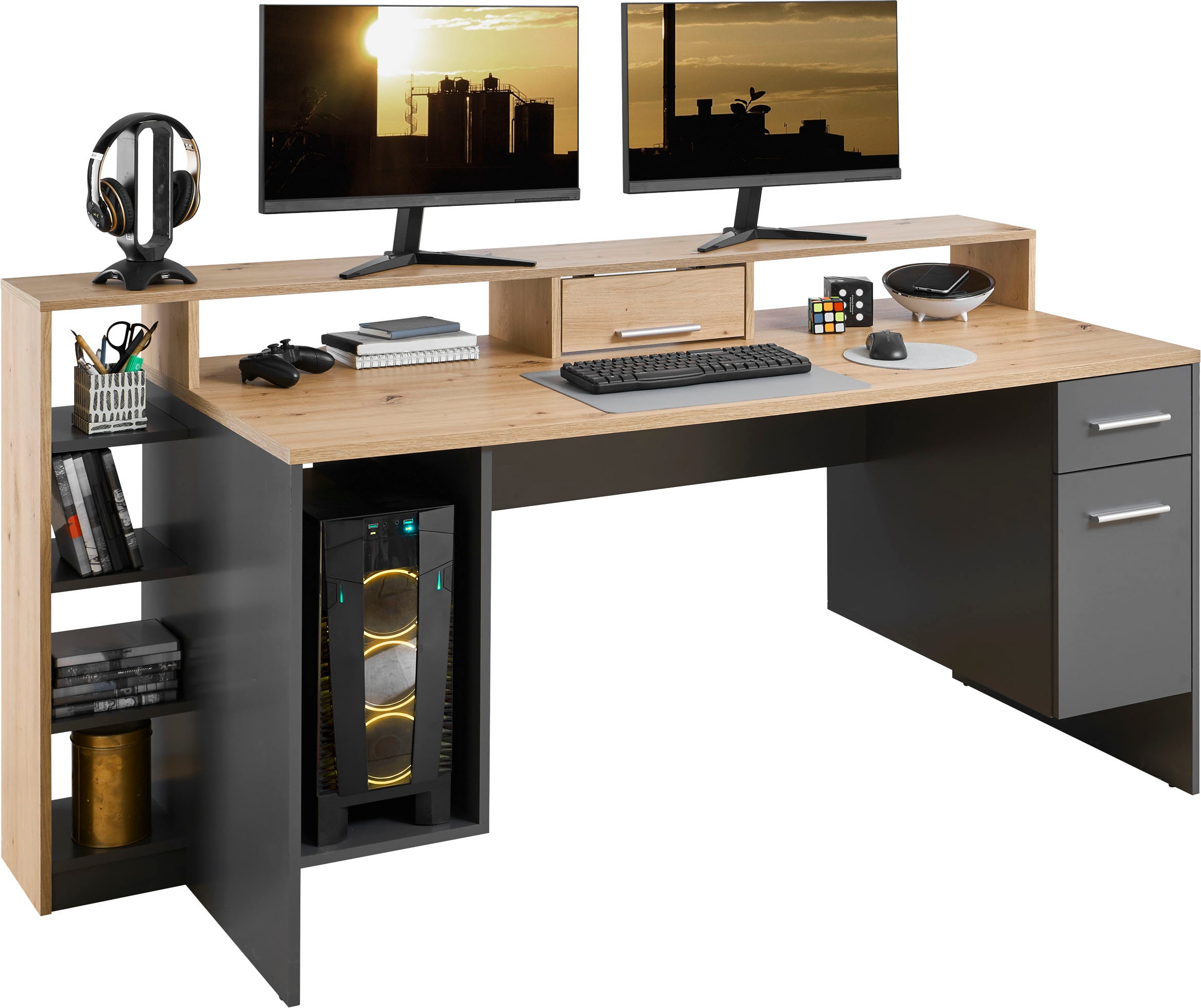 BEGA OFFICE Gamingtisch »Highscore 4«, Grau inkl. LED Beleuchtung, Computertisch mit Desktopfach