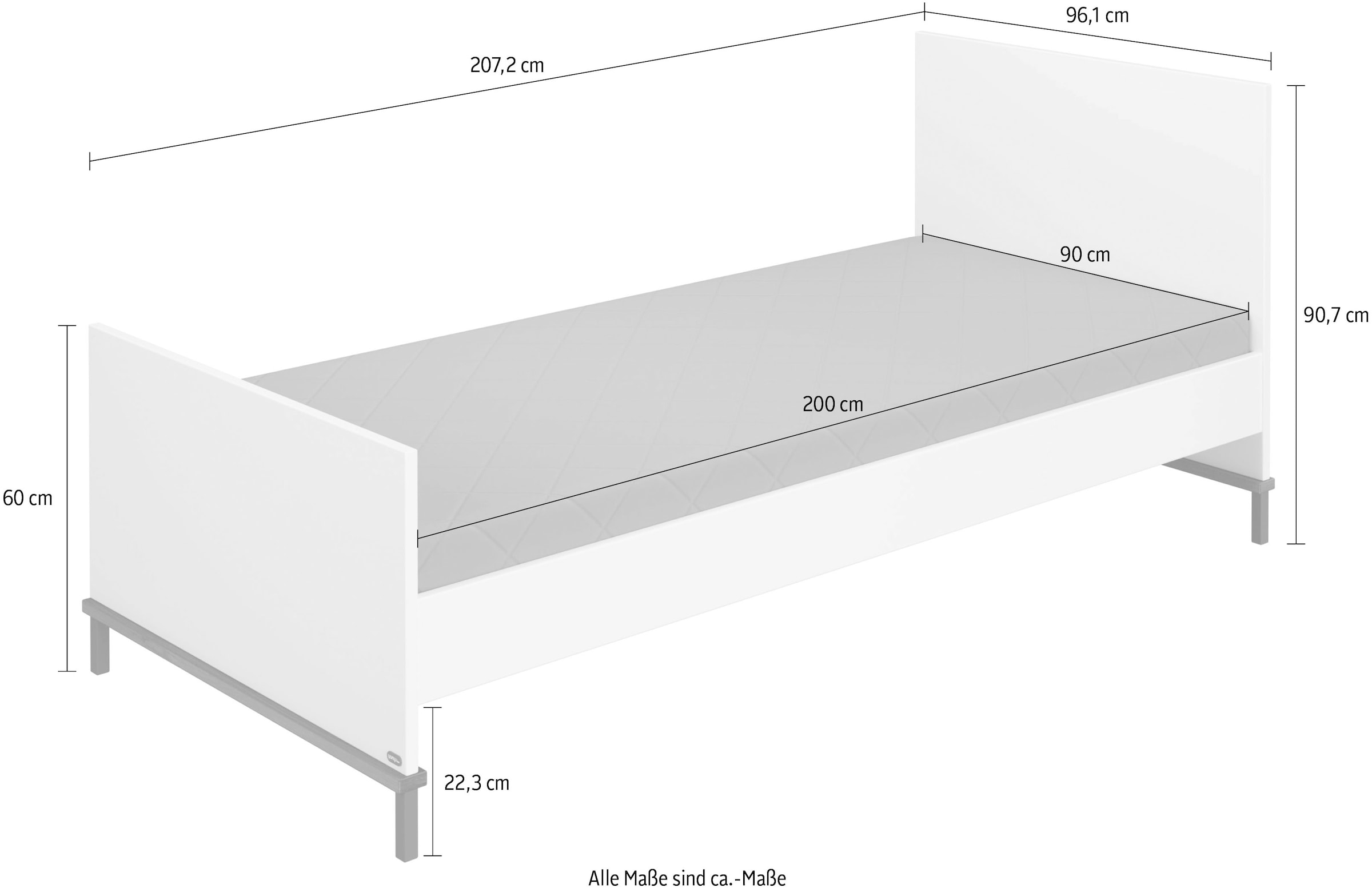 YUNY by PAIDI Kinderbett »LOVELY ALIV«, (B/H/T ca. 207x96x91cm, Off-White/Dark-Walnut), yuny by PAIDI