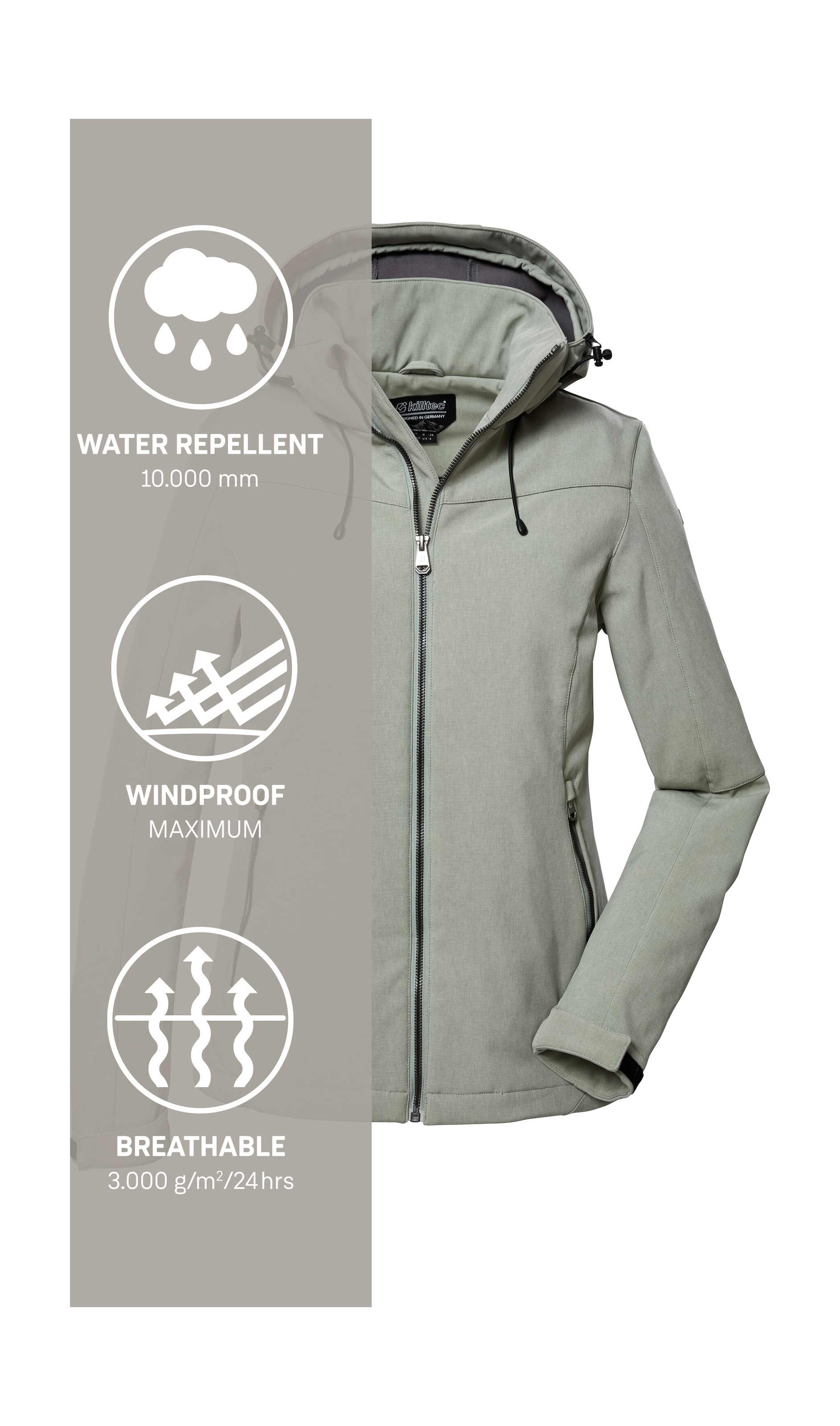 Killtec Softshelljacke »Damen Softshelljacke«, Wasserabweisende, winddichte Softshelljacke mit abnehmbarer Kapuze