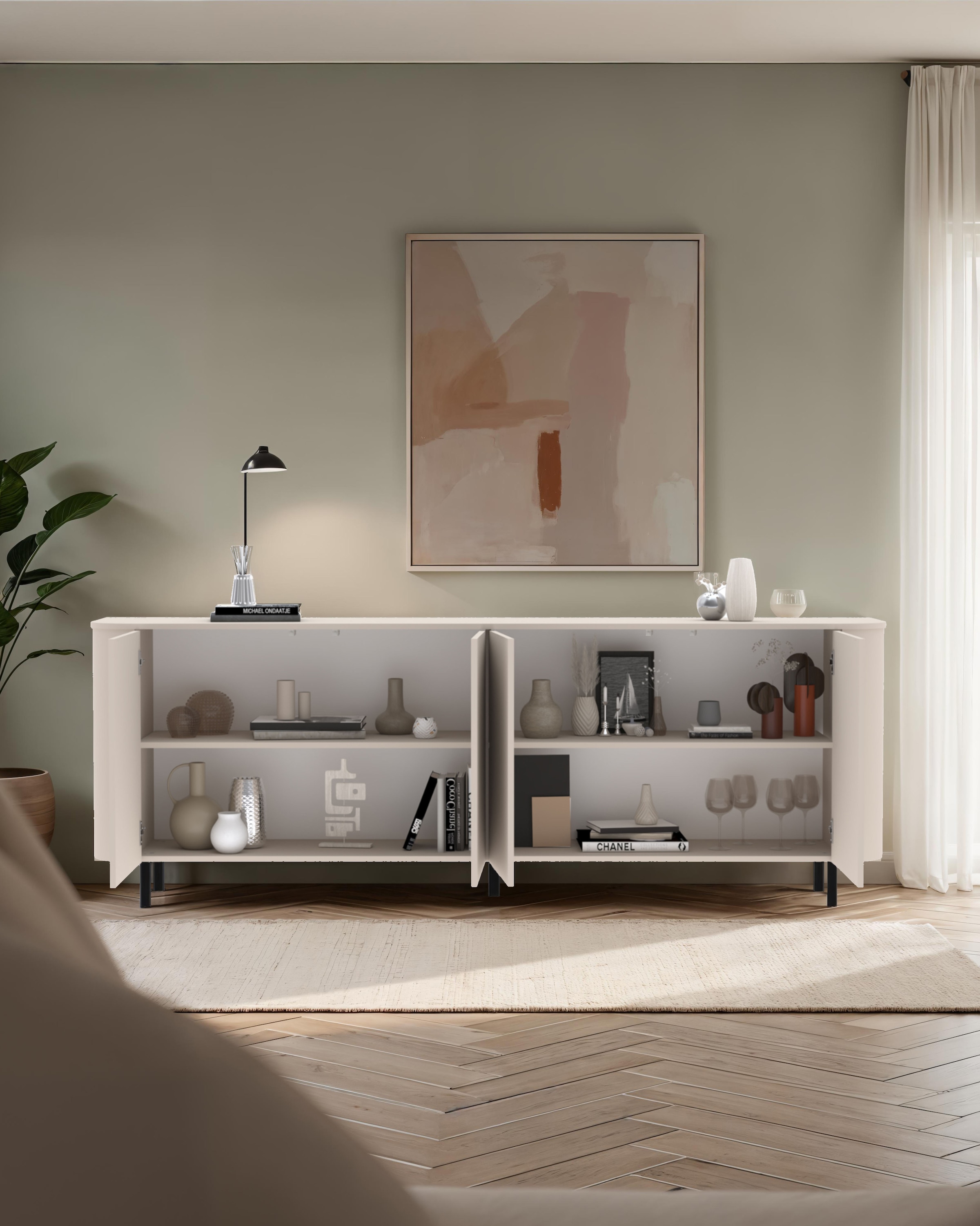 OTTO home Sideboard »Lido, 231 cm breit, 4 Türen, Anrichte, Kommode, Stauraumschrank« Formgebogenes MDF, Stirnseiten mit Rundung, Push-to-open, Metallfüße