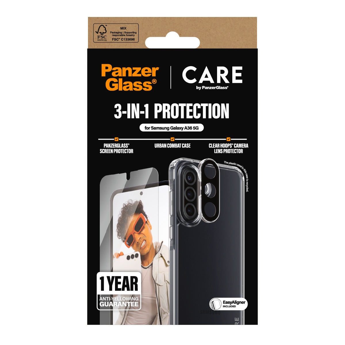 CARE by PanzerGlass Displayschutzglas »3-in-1 Protection Urban Combat Case + Screen Protection + Hoops«, für Samsung Galaxy A36, Displayschutzfolie, Schutzfolie, Bildschirmschutz, kratz- & stoßfest