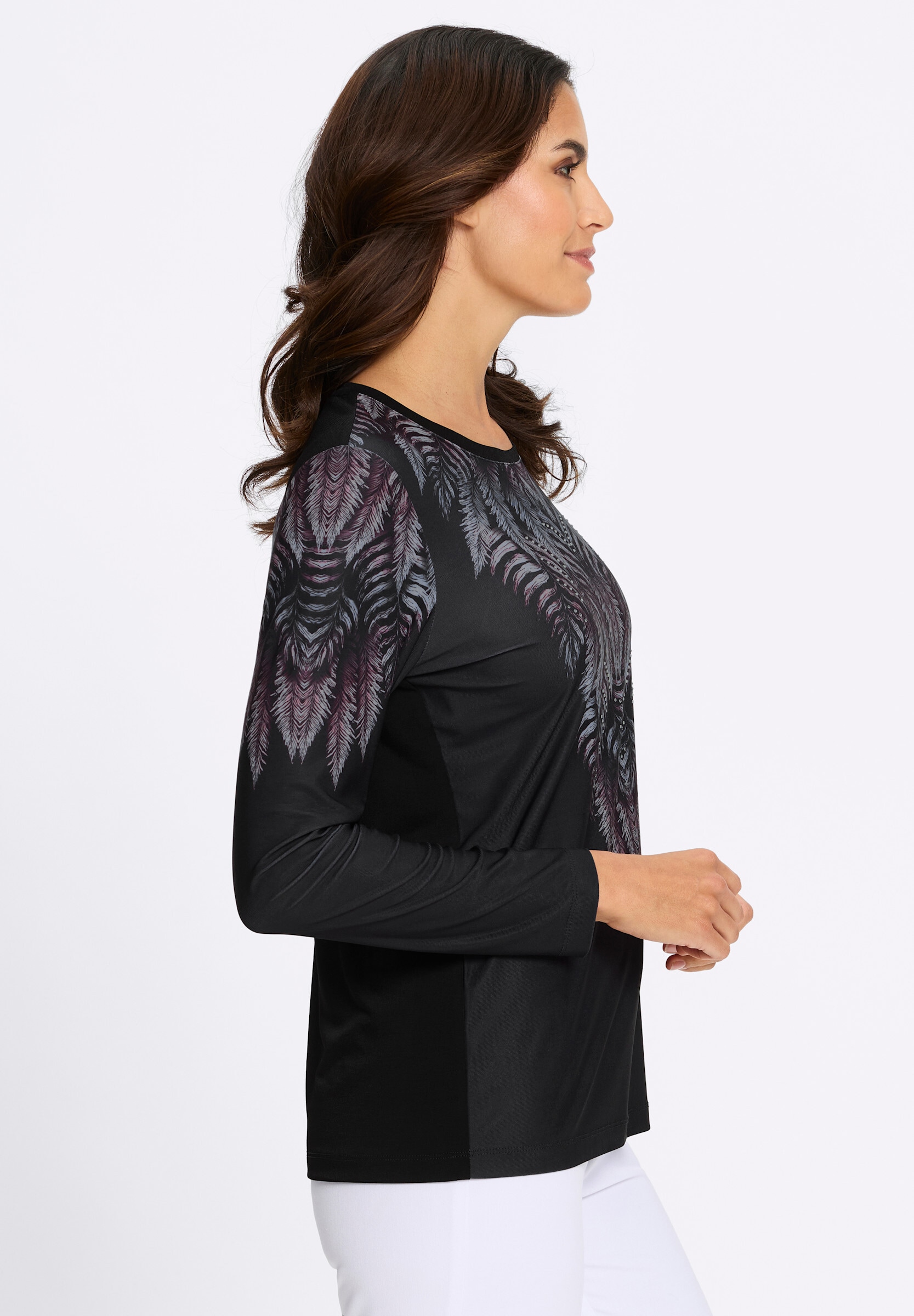 Witt T-Shirt »Rundhals-Shirt Langarmshirt mit Blättermotiv und Glitzersteinchen«