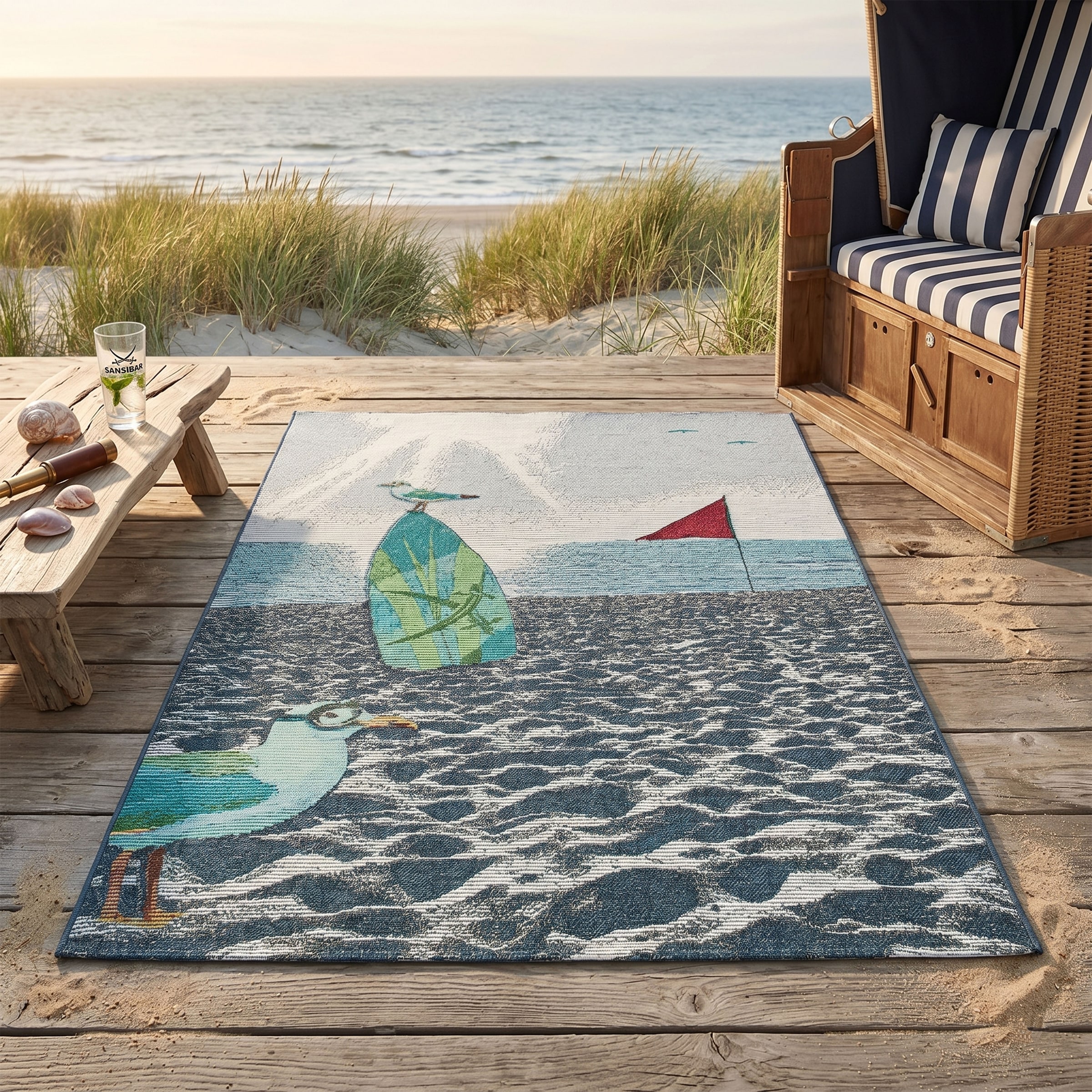 Sansibar Teppich »Rantum Beach SA-021« rechteckig 5 mm Höhe Flachgewebe, modernes Design, Strand & Surfboard, Outdoor geeignet
