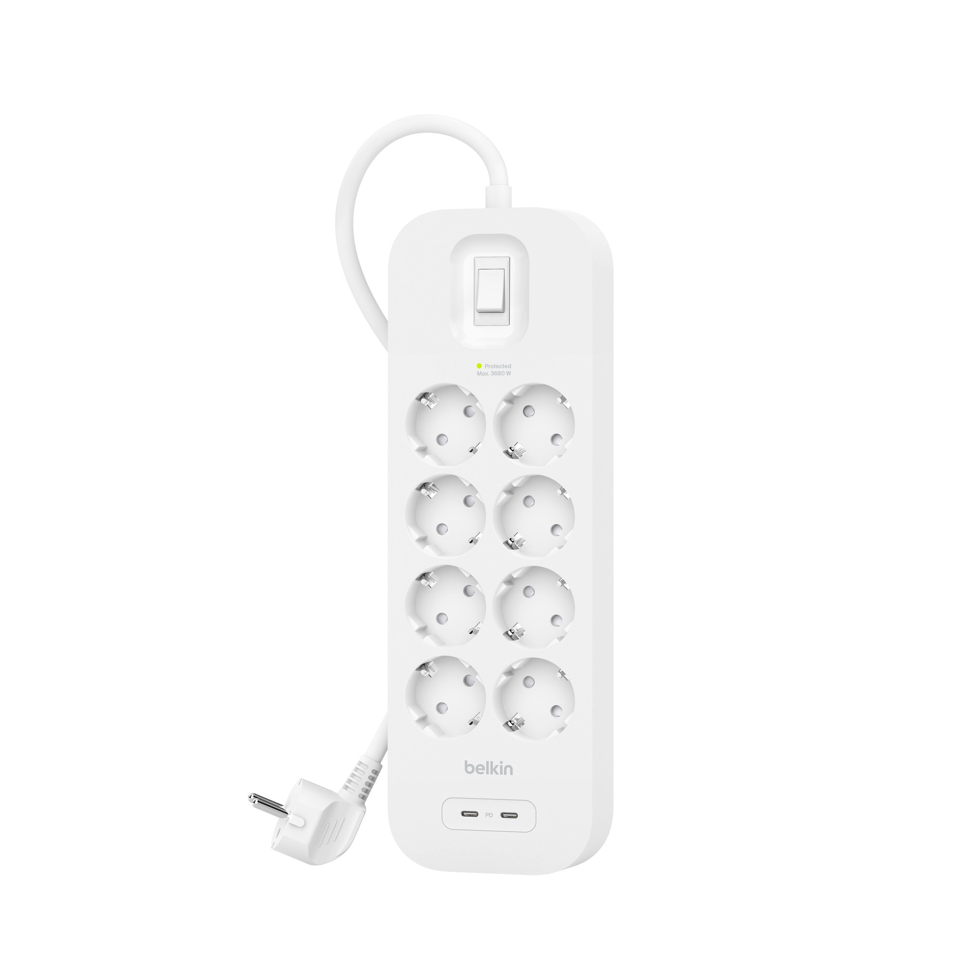 Belkin Steckdosenleiste »8-Fach Steckdosenleiste mit 2 x USB-C Ladeport, 900J, 30 W, 2 Meter«, 10-fach, (Ein- / Ausschalter Überspannungsschutz Kabellänge 2 m)