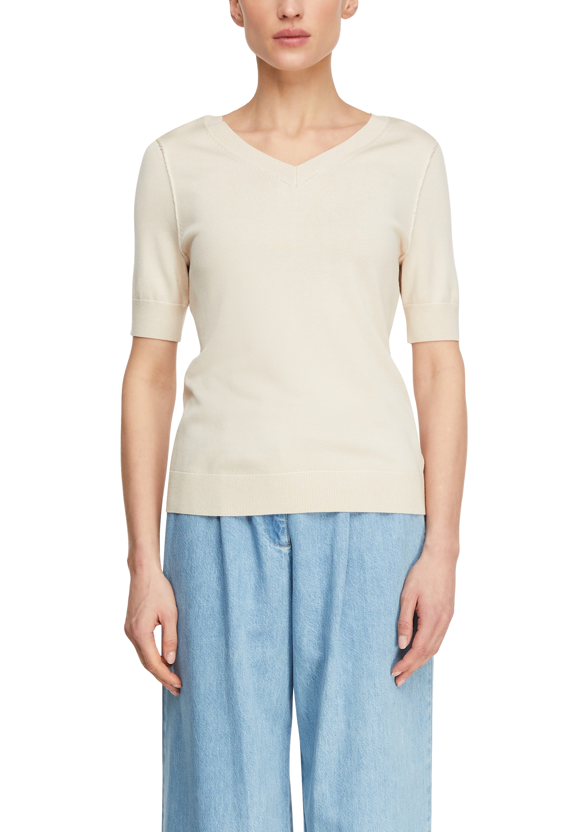 Comma Strickpullover Halbarm-Pullover mit V-Ausschnitt und Bindung im Nacken