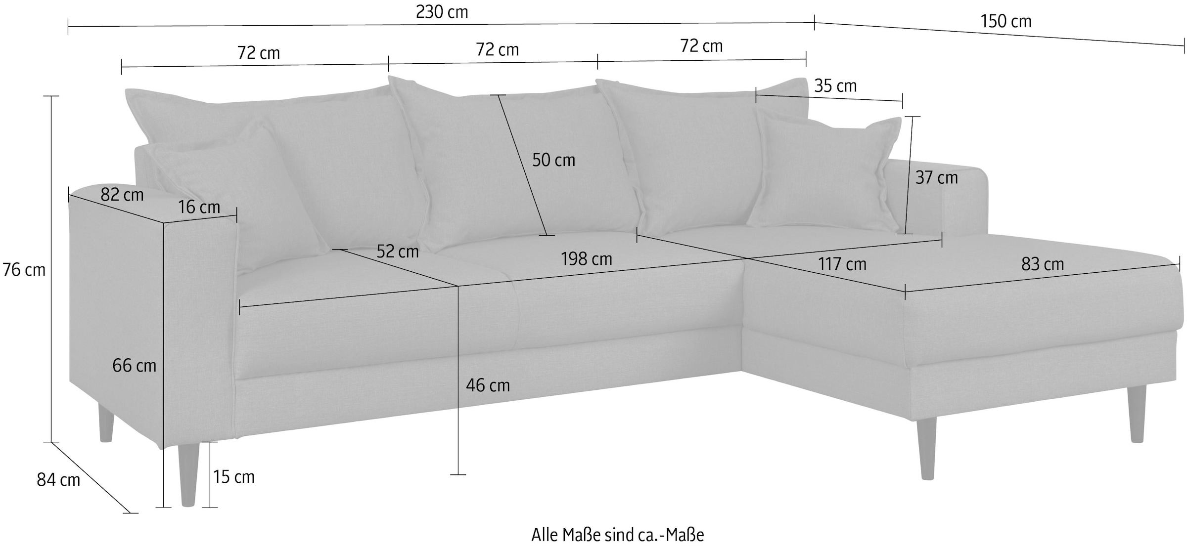 Home affaire Ecksofa »VEYRAS L-Form, hoher Sitzkomfort, Maße B/T/H: 230/150/76 cm«, mit Wellenunterfederung, incl. Rückenkissen und Zierkissen