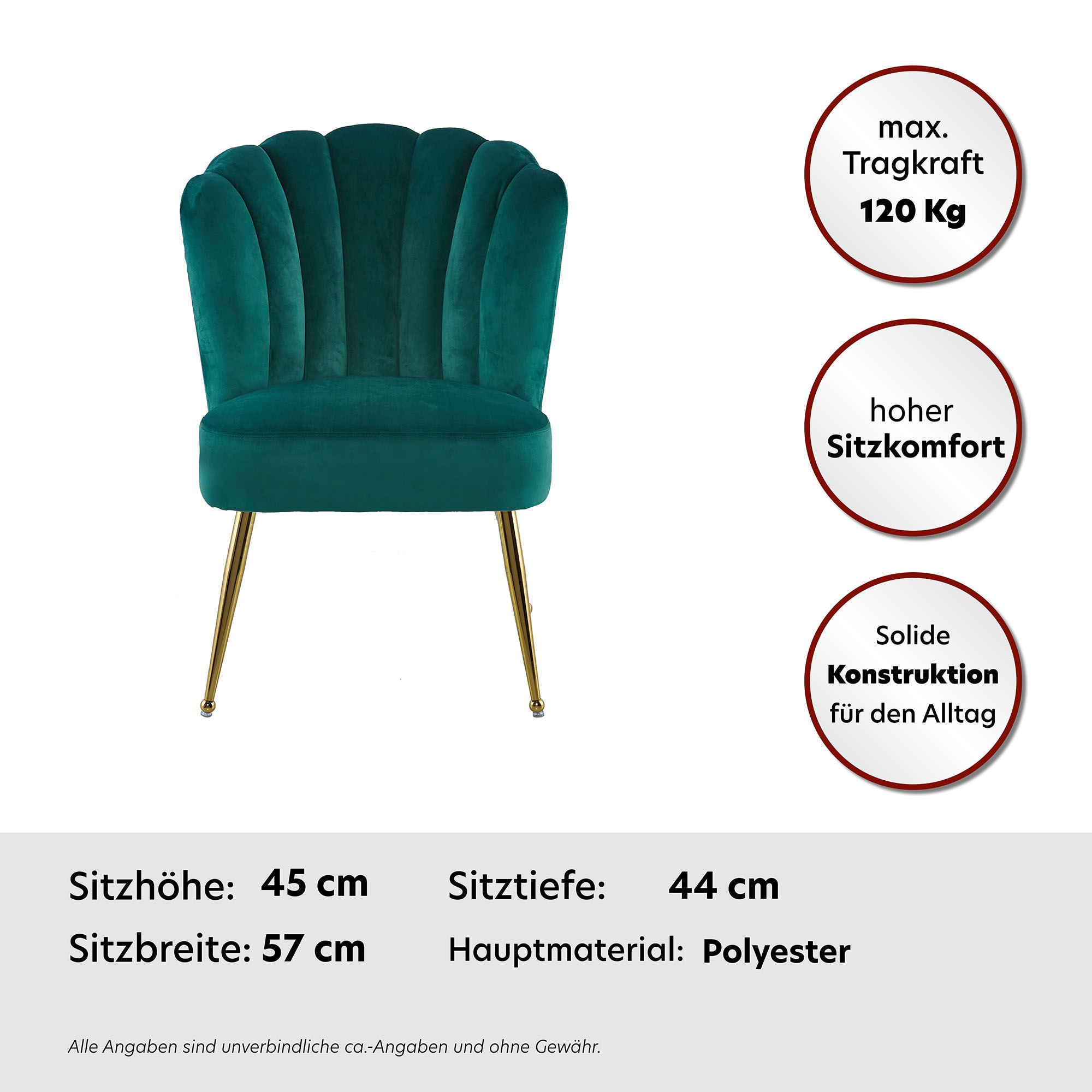 Kayoom Polsterstuhl »Stuhl Lalie 125, Rückenlehne im Retro-Stil, ausgefallene Rückenlehne«, 1 St., Rückenlehne in Muschel-Design, Samtbezug, goldene Metallbeine