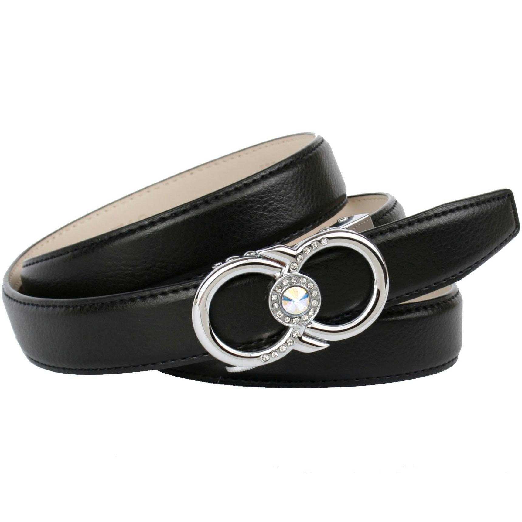 Anthoni Crown Ledergürtel, Stilvoller kaufen Glitzersteinen mit Schmuck-und besetzt schwarz, Raten in Doppelringschließe auf Gürtel