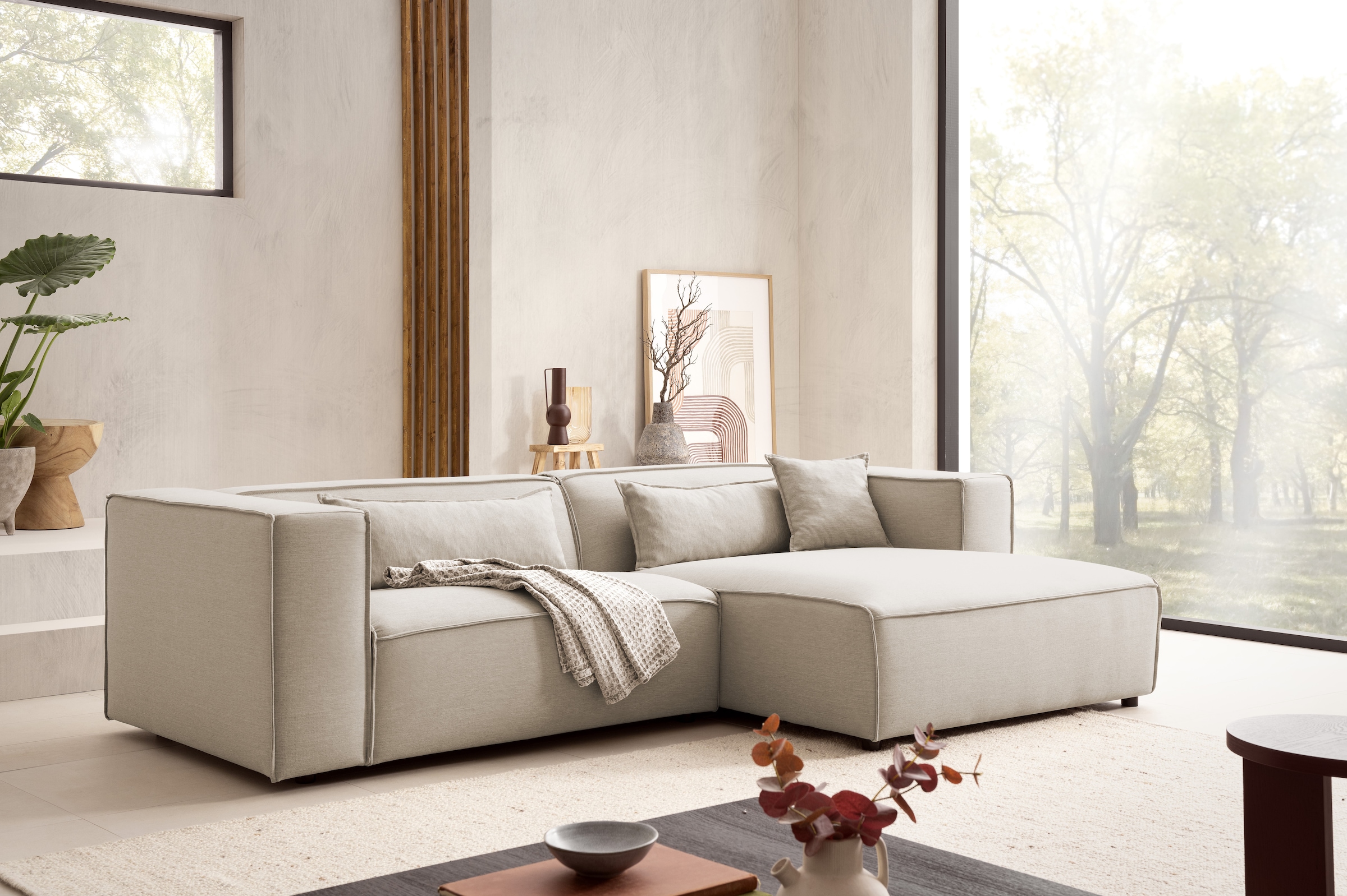 LeGer Home by Lena Gercke Ecksofa »PIARA mit Kedernaht, Cord, Leinenoptik o. Strukturstoff, Couch, L-Form«, wahlweise Ottomane rechts/links, schwarze Füße, bequemer Sitzkomfort