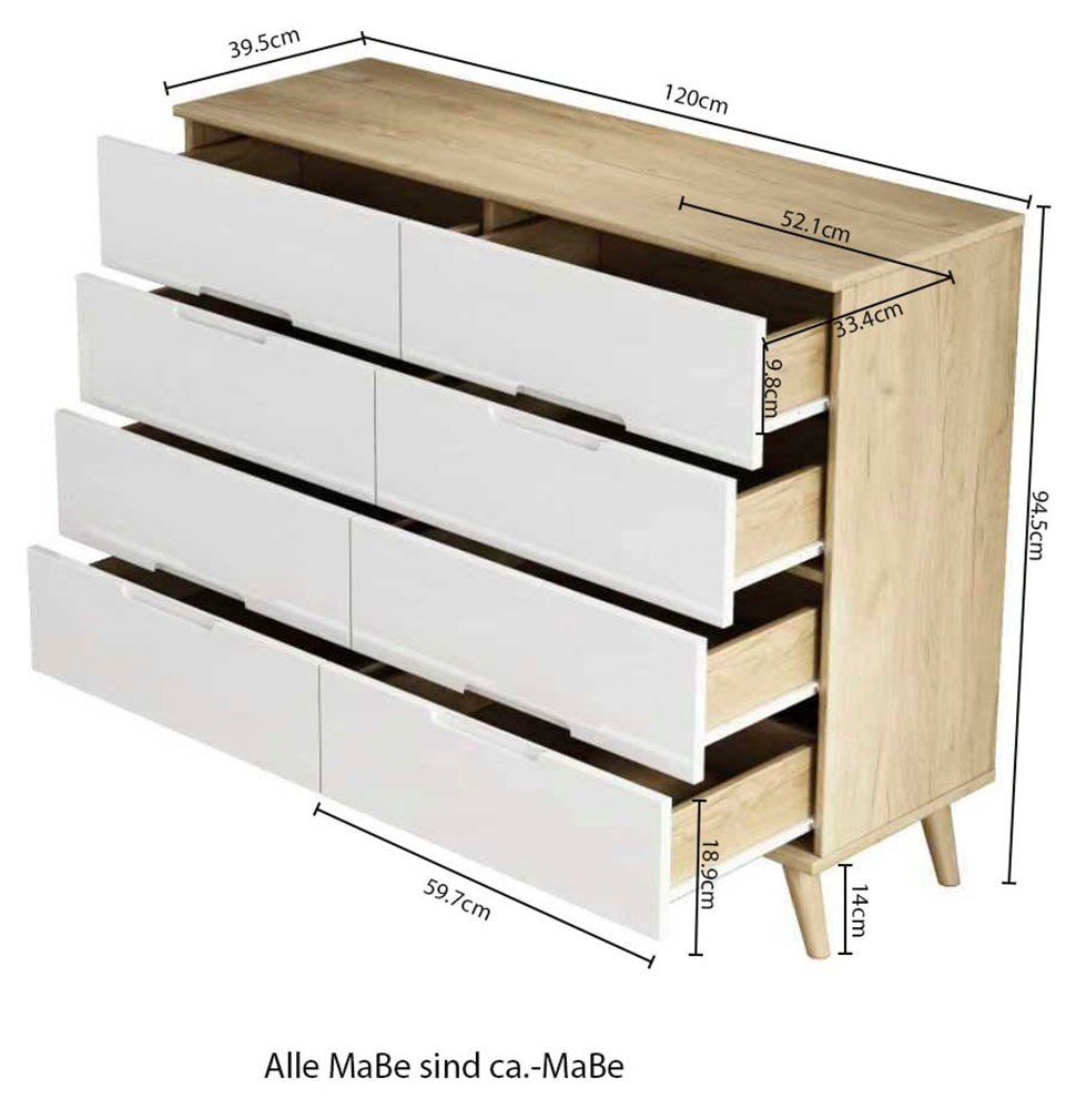 OTTO home Kommode »Lund« mit glänzenden Fronten, Griffmulden, helles Holzdekor, Breite 120 cm