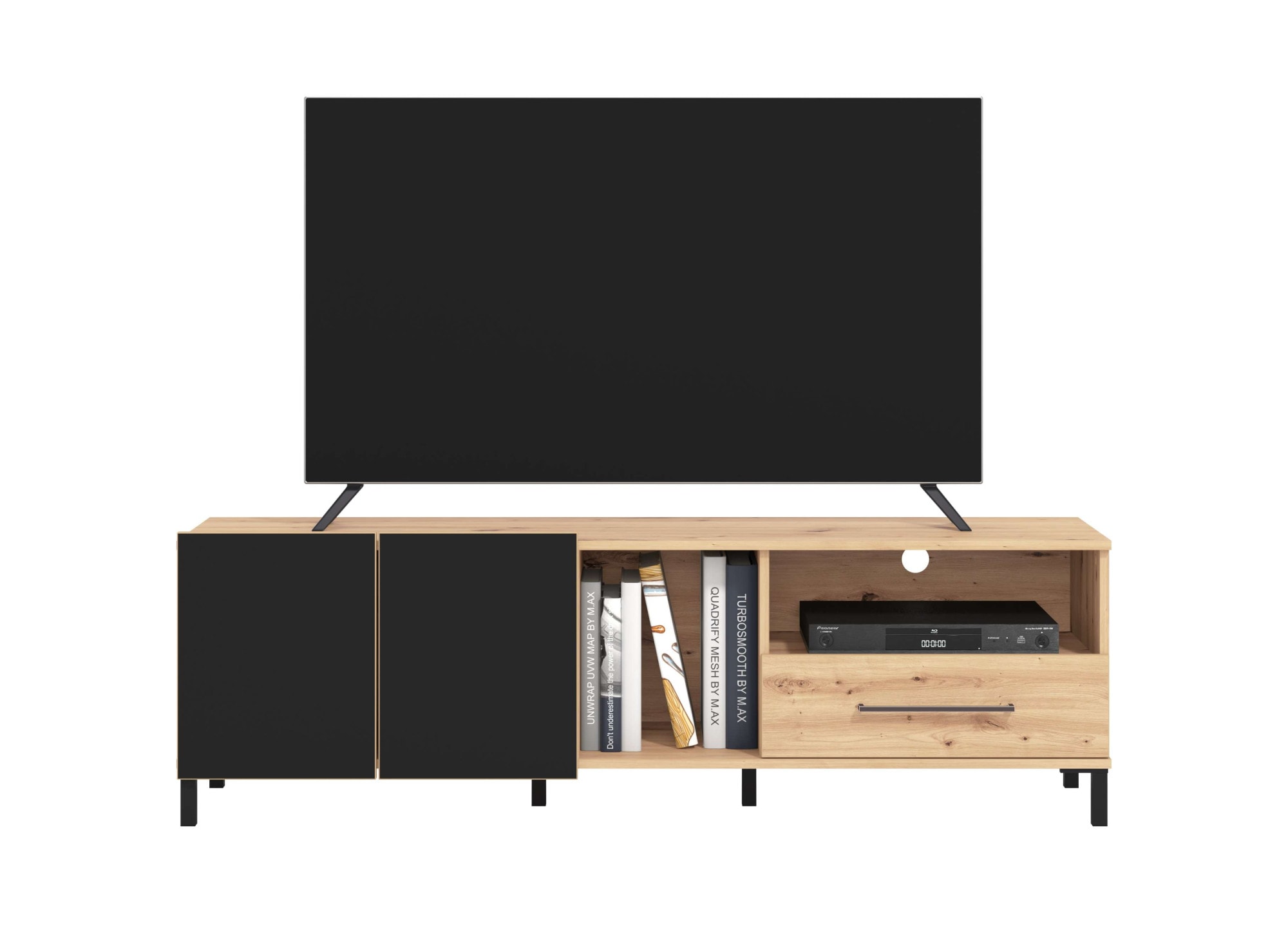 INOSIGN TV-Board »Coimbra Lowboard, Breite 160 cm, TV-Schrank, TV-Ständer«, Kombination aus Artisan Eiche und Schwarz Holzdekor, mit viel Stauraum