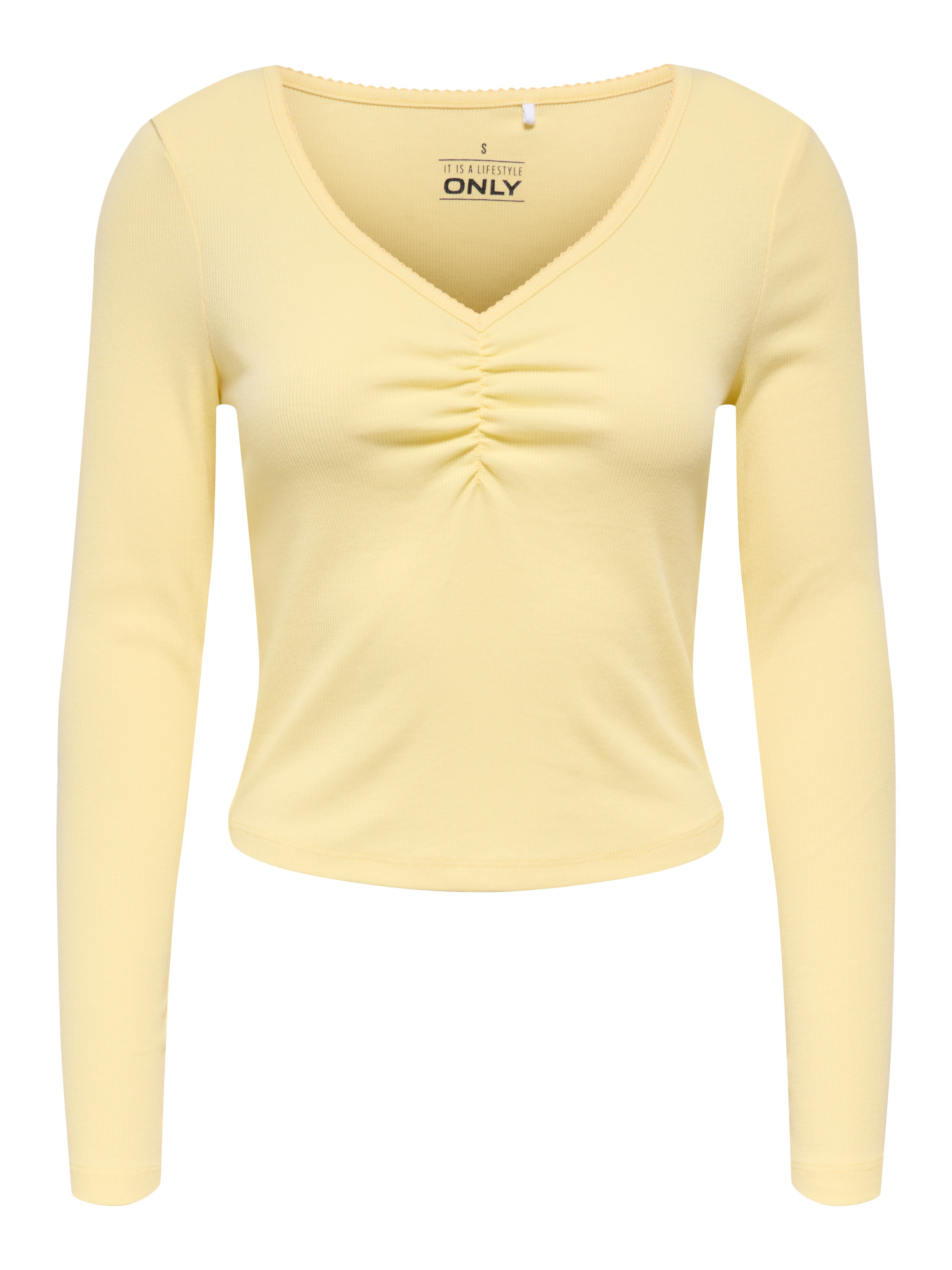 ONLY Langarmshirt »ONLBETTY LIFE L/S SCALLOP V-NECK CC JRS« mit Raffung am Ausschnitt