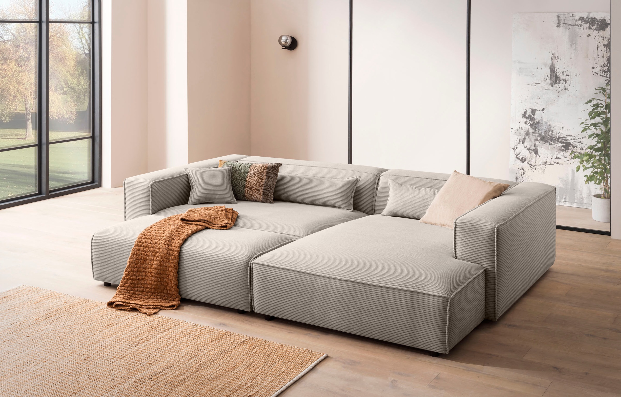 LeGer Home by Lena Gercke Polsterecke »PIARA XXL, L-Form, Schlaffunktion, Cord, Leinenoptik o. Strukturstoff«, Hocker stellbar zum Schlafsofa (Krokodilverbinder), tiefe Sitzfläche