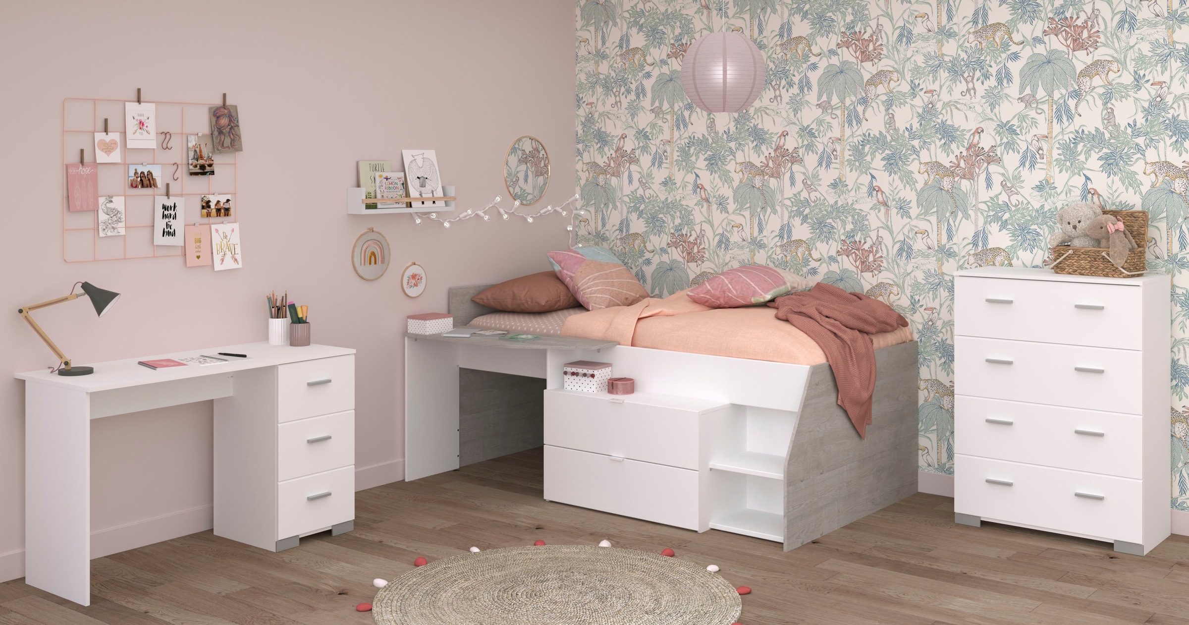 Parisot Jugendzimmer-Set »Parisot Milky 15«, (3 tlg.), viel Stauraum, halbhohes Hochbett