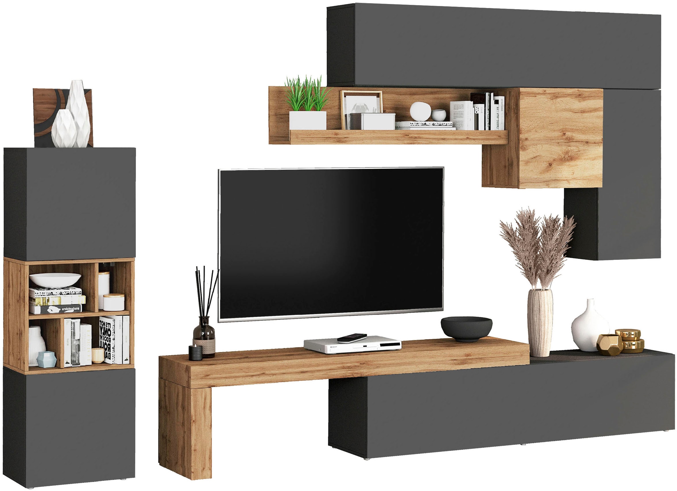 INOSIGN Wohnwand »Chronos Wohnwand, Medienwand, 8-er set«, (Set, 8 St.), ca. 320 cm mit Hängeschränke, Würfel, Regal, Lowboard, Made in Italy