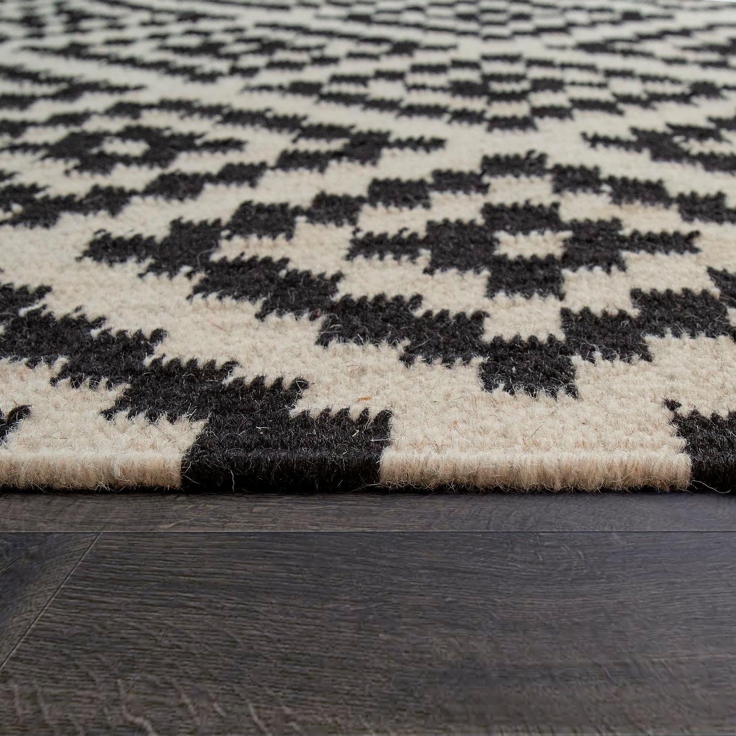 Paco Home Wollteppich »Kenitra 500«, rechteckig, 12 mm Höhe, Flachgewebe, reine Wolle, handgewebt, Rauten Design, mit Fransen