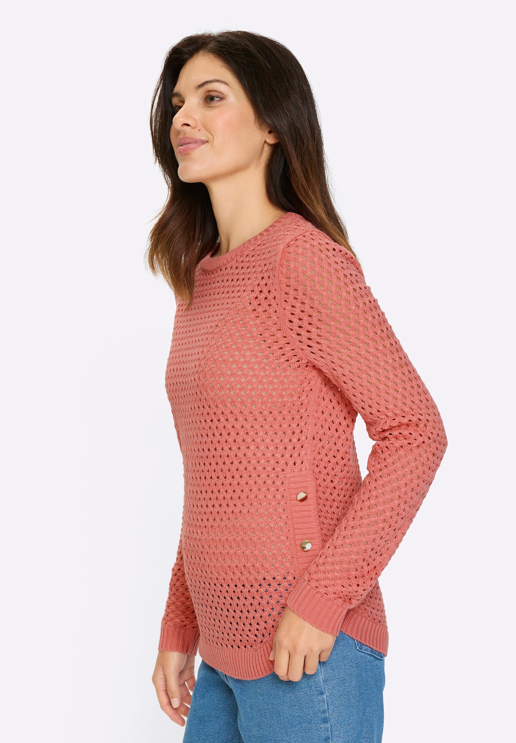 Sieh an! Strickpullover »Ajour-Pullover Ajourpullover mit Zierknöpfen am Saum«