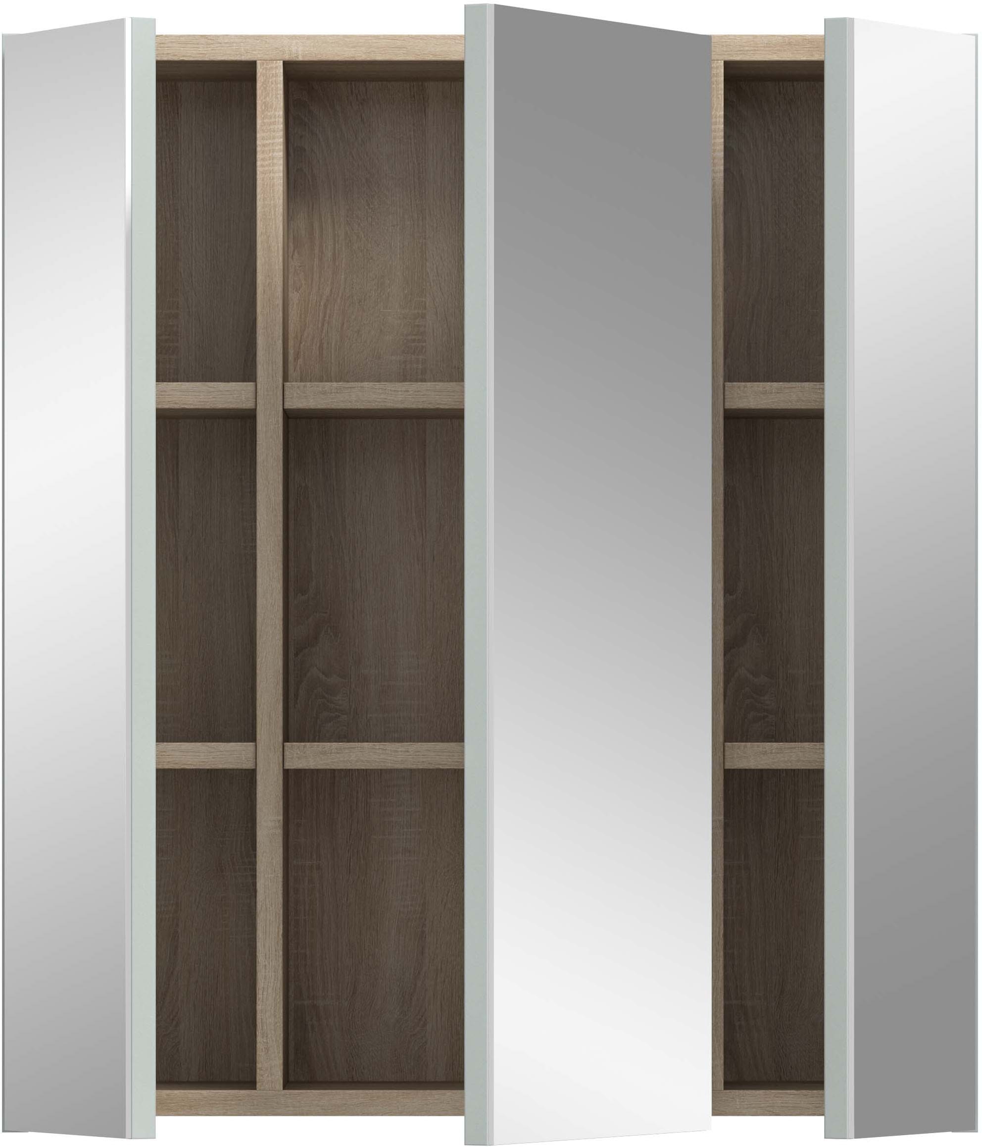 welltime Spiegelschrank »MINTTU, Breite 60 cm, 3 Spiegeltüren, 6 Einlegeböden, 9 Fächer« Türanschlag der mittleren Tür rechts und links montierbar,  Badmöbel, Spiegel, Badschrank, Bad