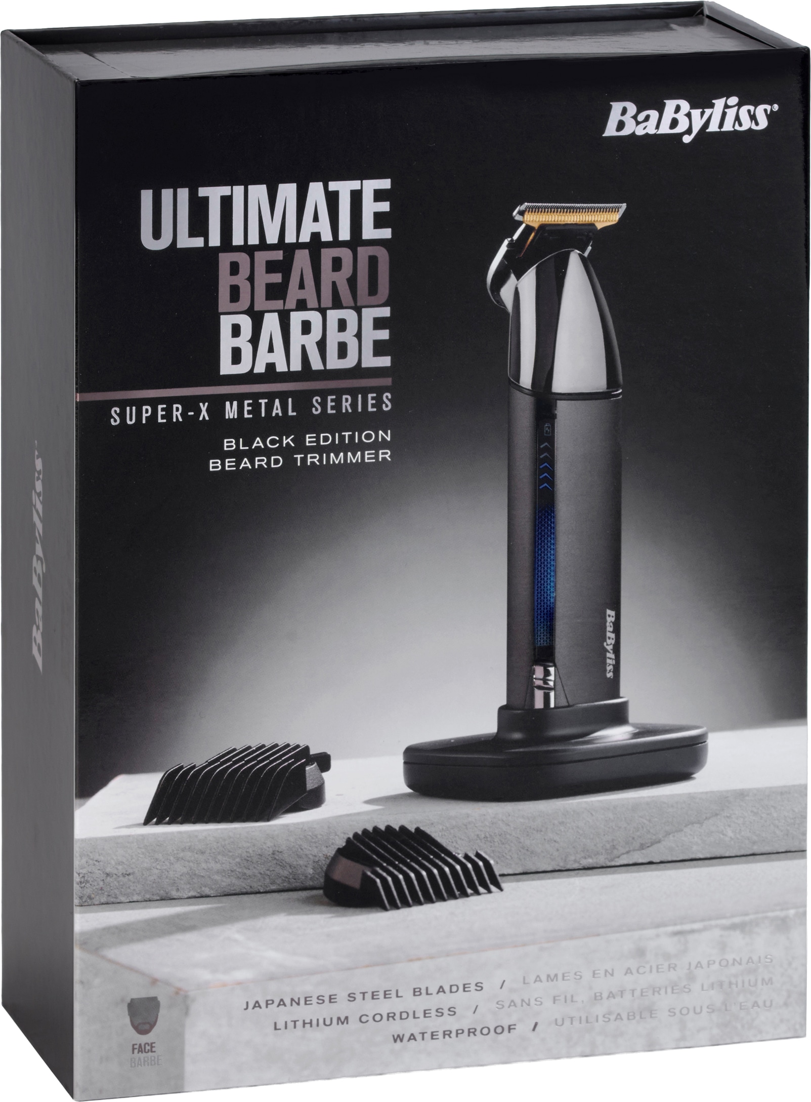 BaByliss Bartschneider »BaByliss Super-X Metal Barttrimmer, Bartschneider, wasserdicht, T996E« 2 Aufsätze Japanischer Stahl, 2 Kammaufsätze mit 6 Positionen 1–6mm, kabellos