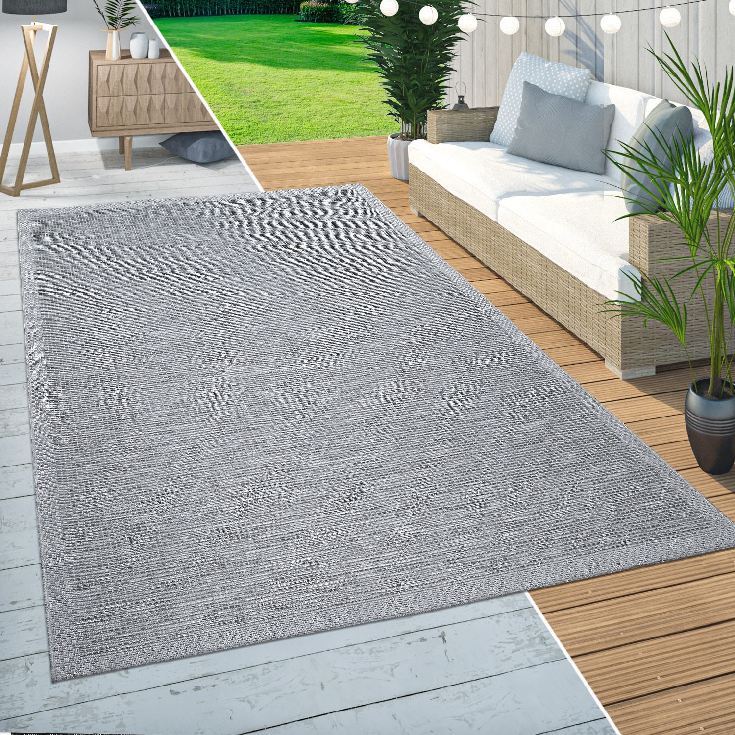 Paco Home Teppich »Quebec 135«, rund, 4 mm Höhe, Flachgewebe, meliert, In- und Outdoor geeignet, Wohnzimmer